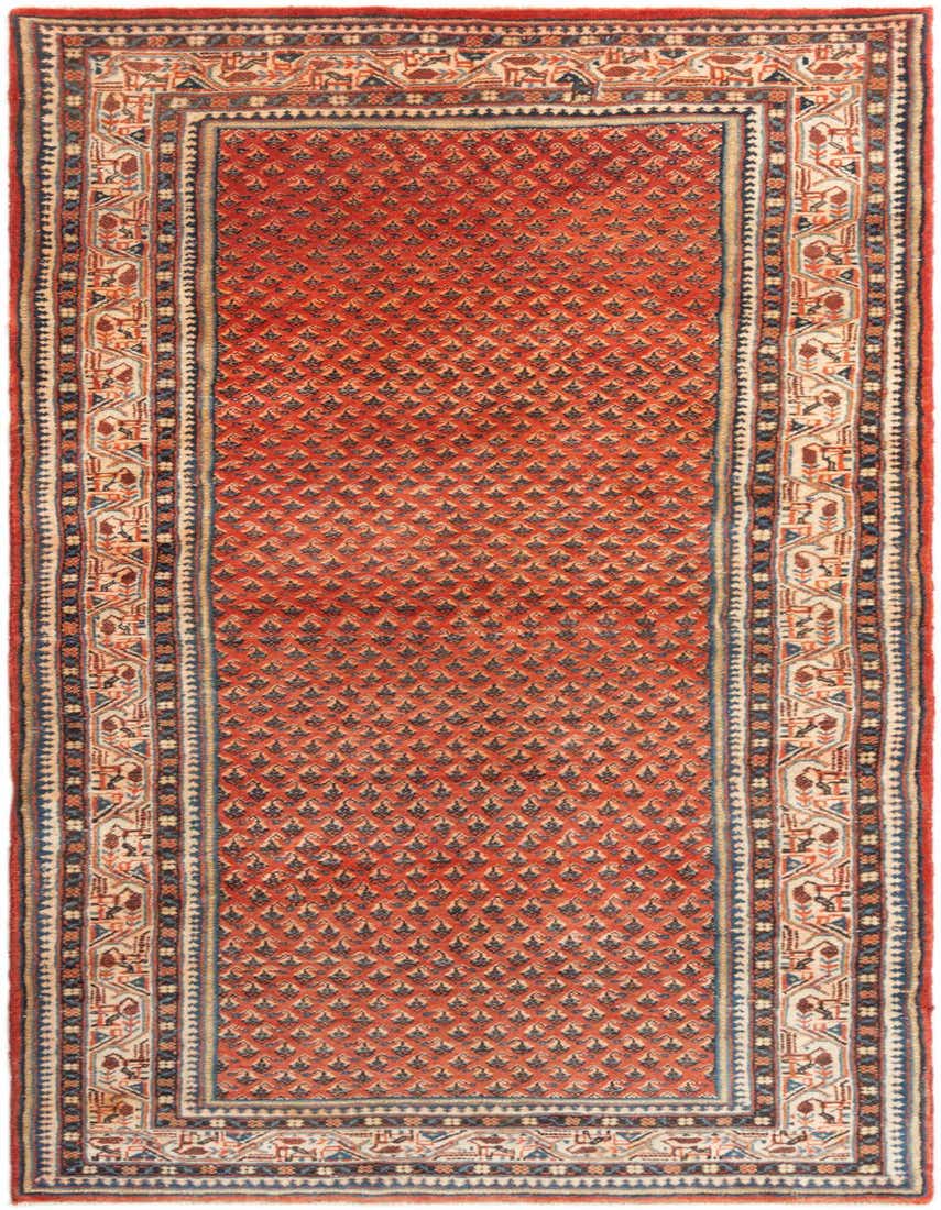 A 3x5 rectangular red traditional wool rug featuring a repeating pattern of small dark motifs and a multi-bordered edge with intricate animal and geometric designs.