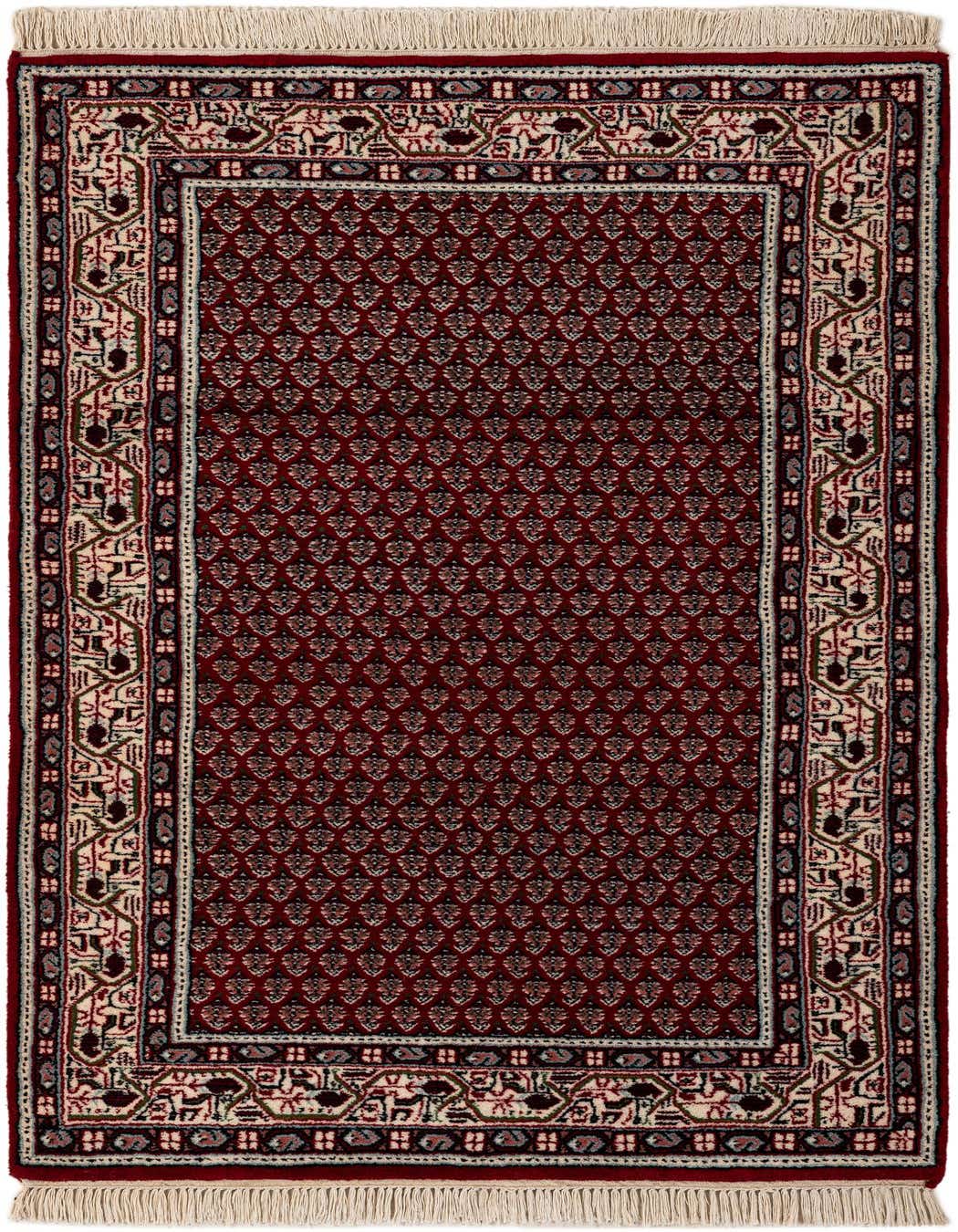 A 3x5 rectangular Mir wool rug featuring a traditional Oriental pattern with a deep red field and intricate cream and multi-colored borders.