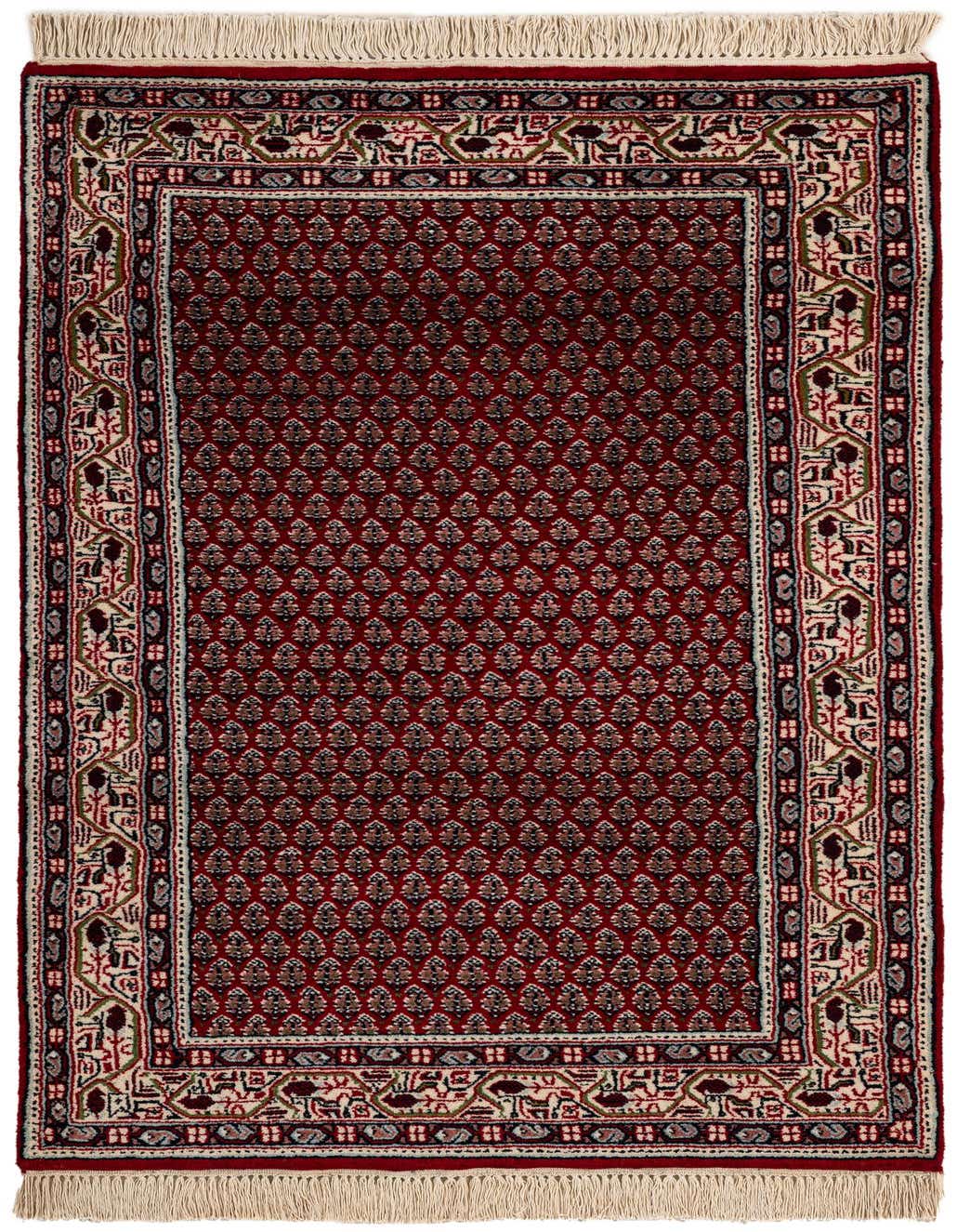 A 3x5 rectangular Mir collection rug with a rich red field and intricate traditional Oriental patterns in cream, blue, and green.