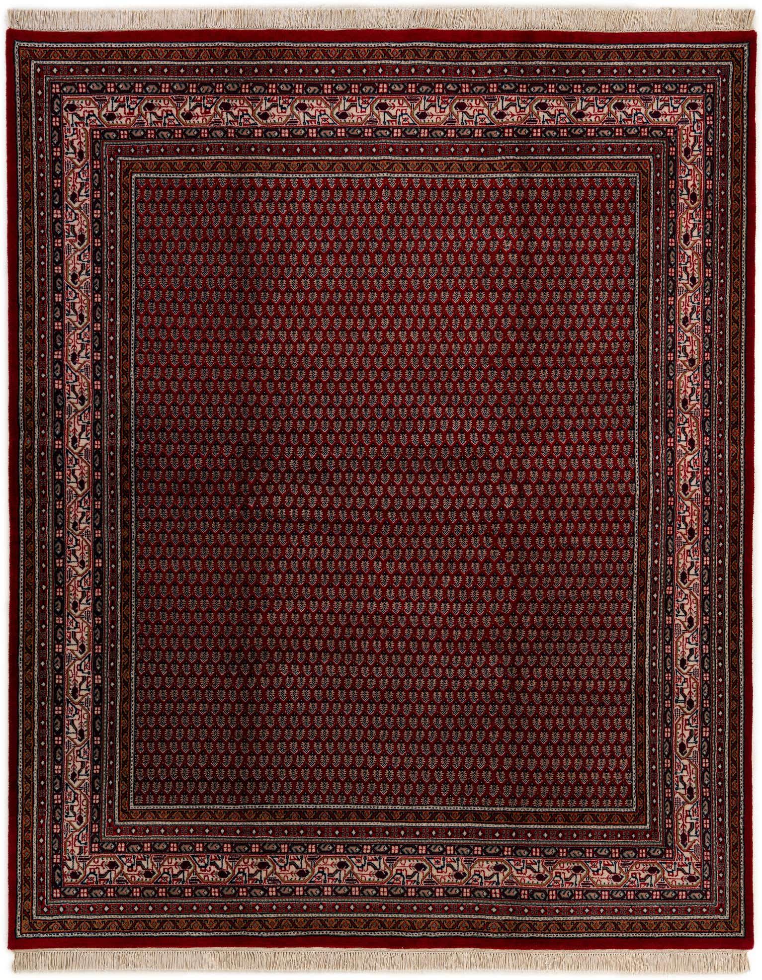 A 6x9 rectangular red Oriental rug with a detailed traditional pattern and intricate borders, suitable for a living room.