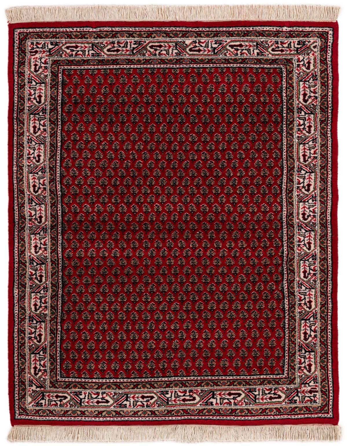 A 3x5 rectangular red Oriental wool rug with a detailed traditional pattern and fringed ends, perfect for an entryway.