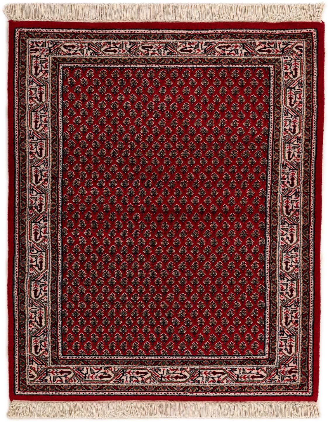 A 3x5 rectangular red wool rug with a traditional Oriental pattern and decorative border, suitable for an entryway.