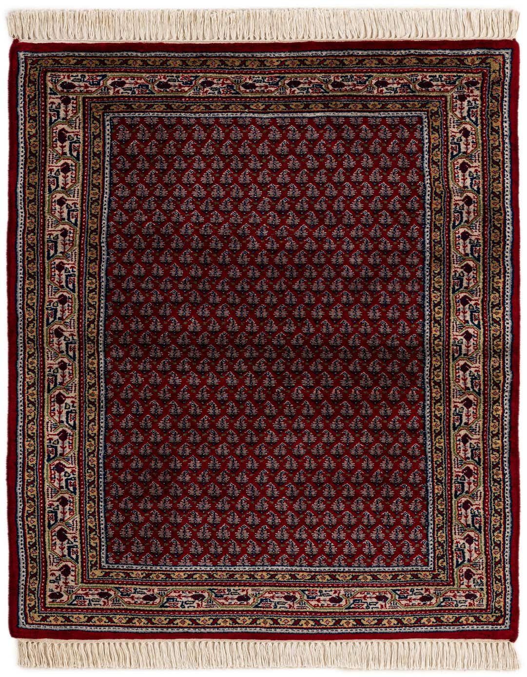 A 3x5 rectangular Mir collection rug in deep red with a traditional Oriental pattern and decorative border, featuring white fringe.