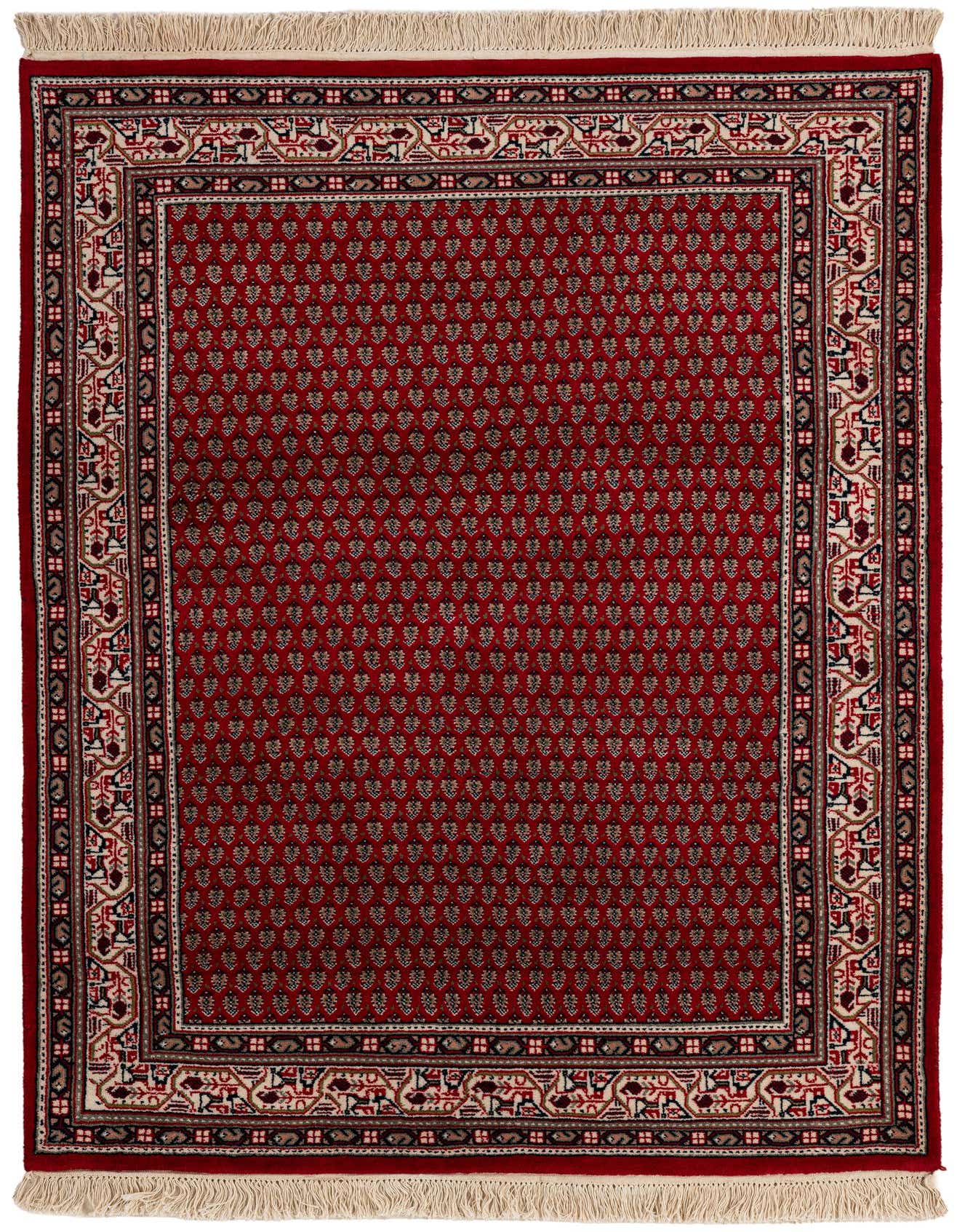 A 4x6 rectangular Mir collection rug featuring a deep red field with small, repeating traditional motifs and an ornate border in cream, black, and red, with white fringes.