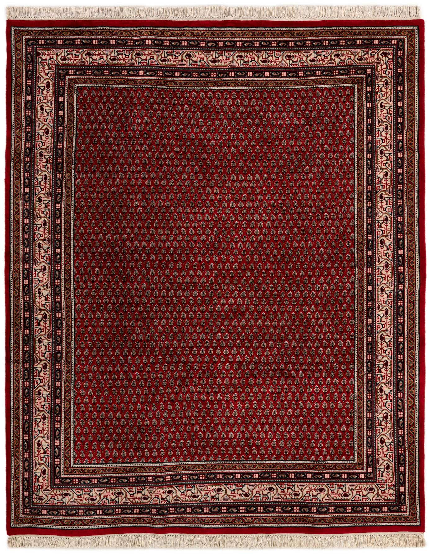 A 5x8 rectangular red traditional wool rug with a detailed Oriental pattern and decorative border.