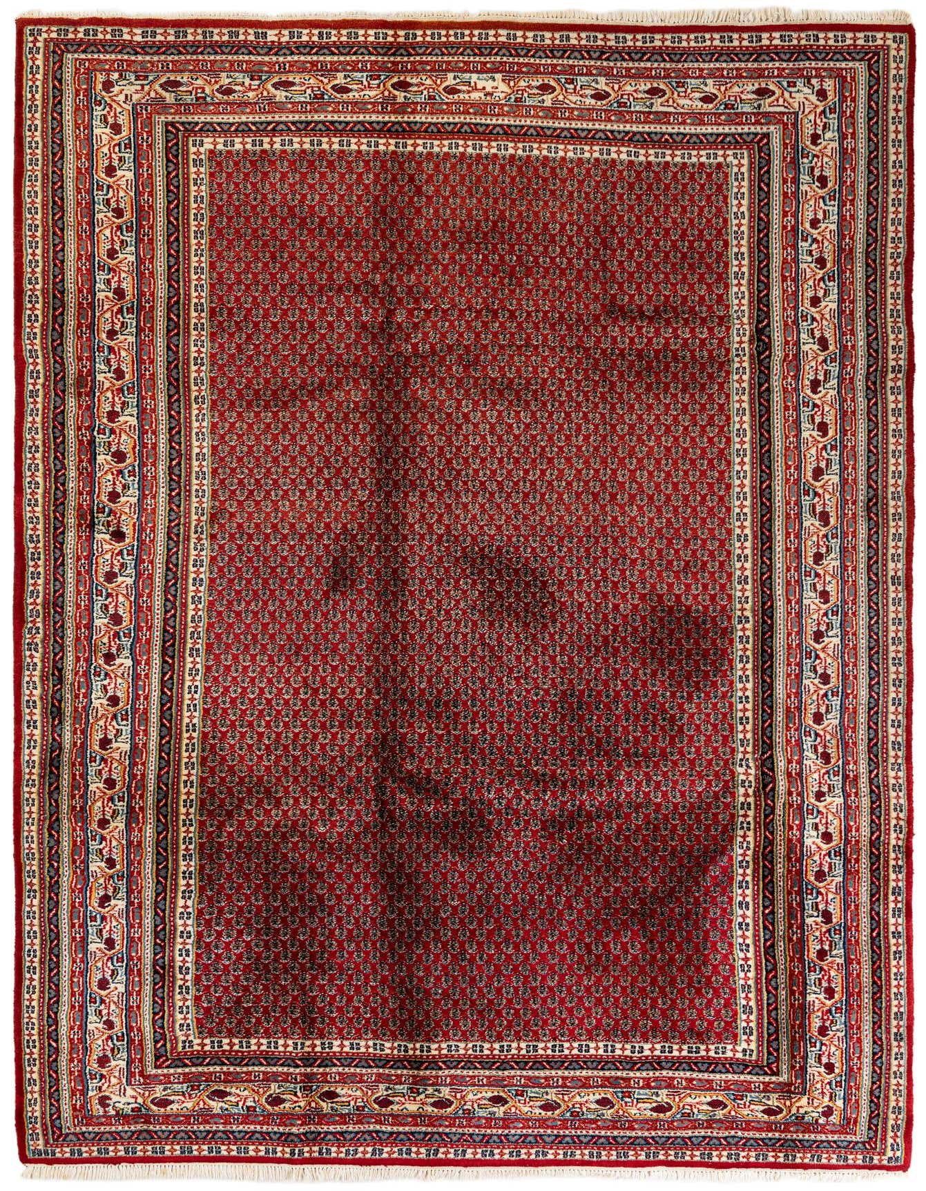 A 7x10 rectangular Mir collection rug in deep red with an intricate traditional Oriental pattern and multi-colored borders.