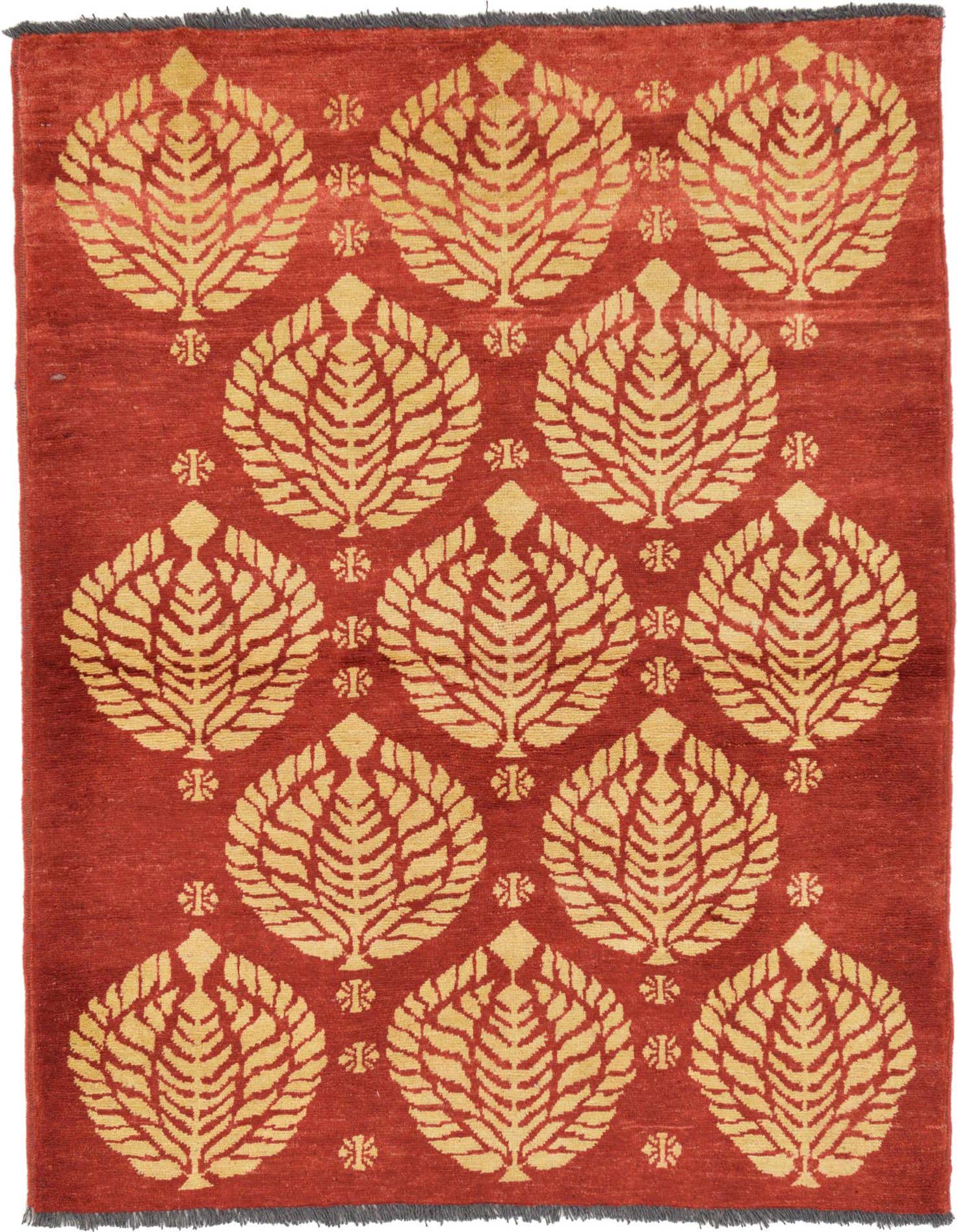 A 4x6 rectangular red wool rug with a repeating pattern of large golden leaf-like tribal motifs, perfect for a living room.