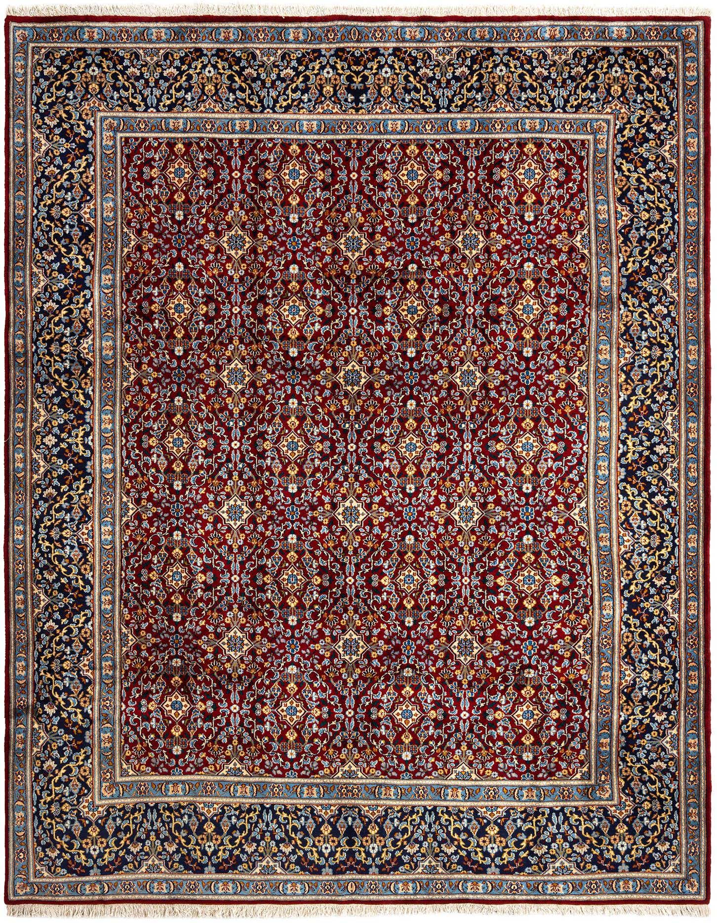 A luxurious 8x11 rectangular Persian rug with a deep red field and intricate floral patterns in navy, gold, and light blue, perfect for a living room.