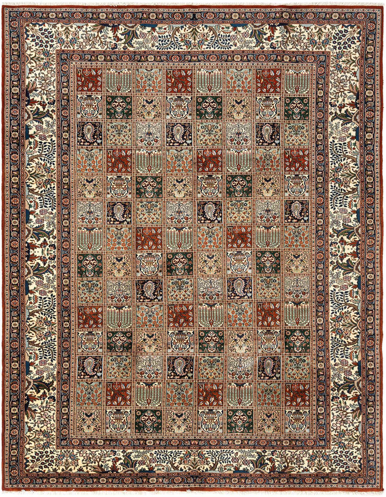 A 6x9 rectangular Persian Mood rug in red and cream, featuring a grid of intricate floral and paisley patterns with a detailed border.