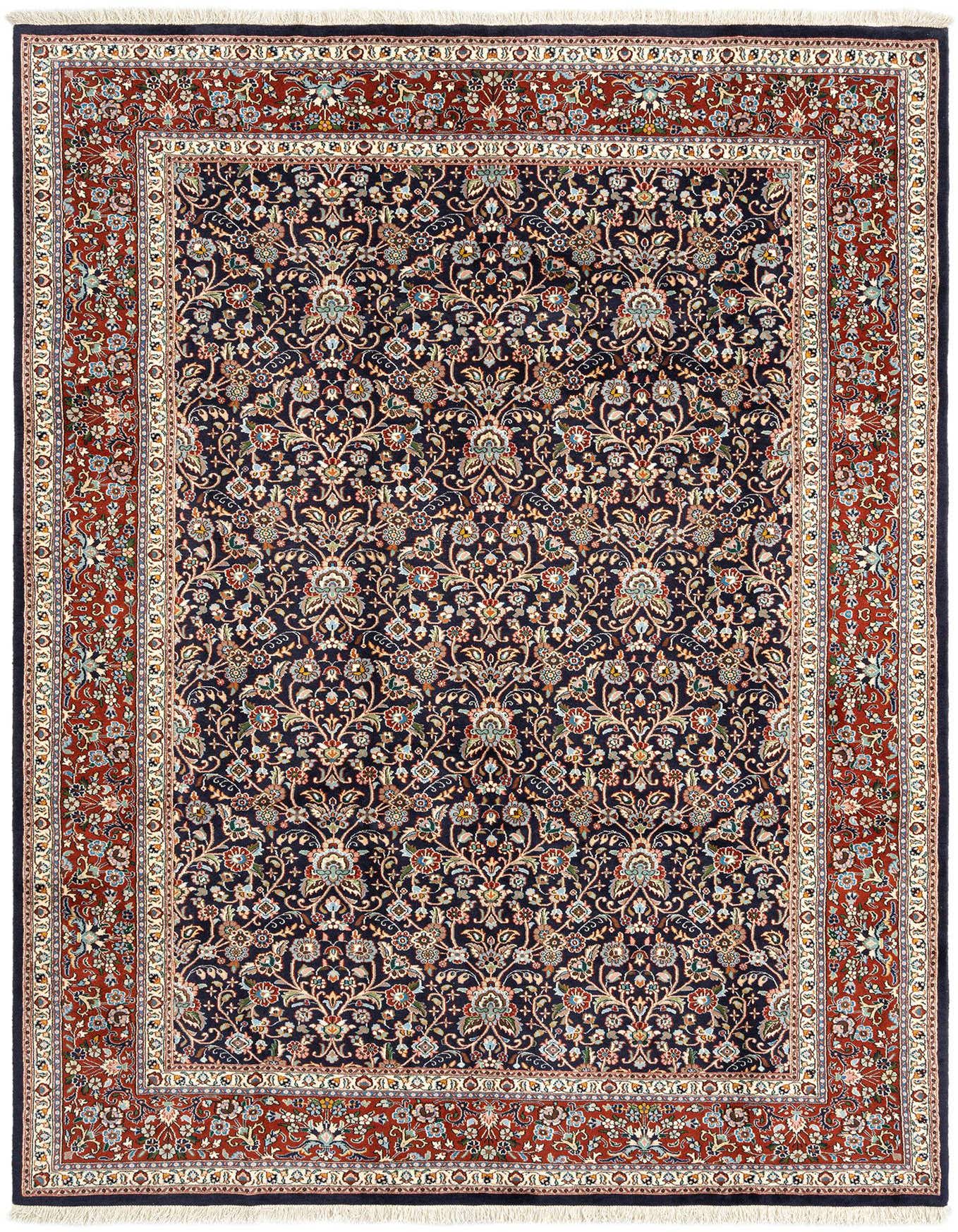 A 6x9 rectangular Persian rug with a deep red border and a navy blue field, featuring intricate floral patterns.