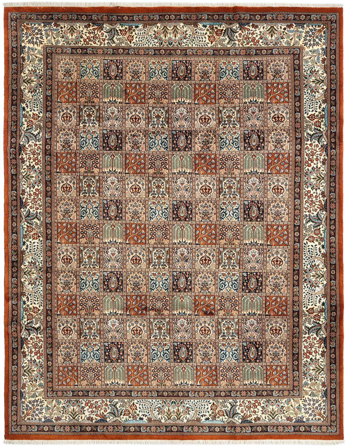 A 7x10 rectangular Mood Persian rug featuring a complex grid pattern of red, blue, green, and cream floral motifs, bordered by a wide cream and red floral design.