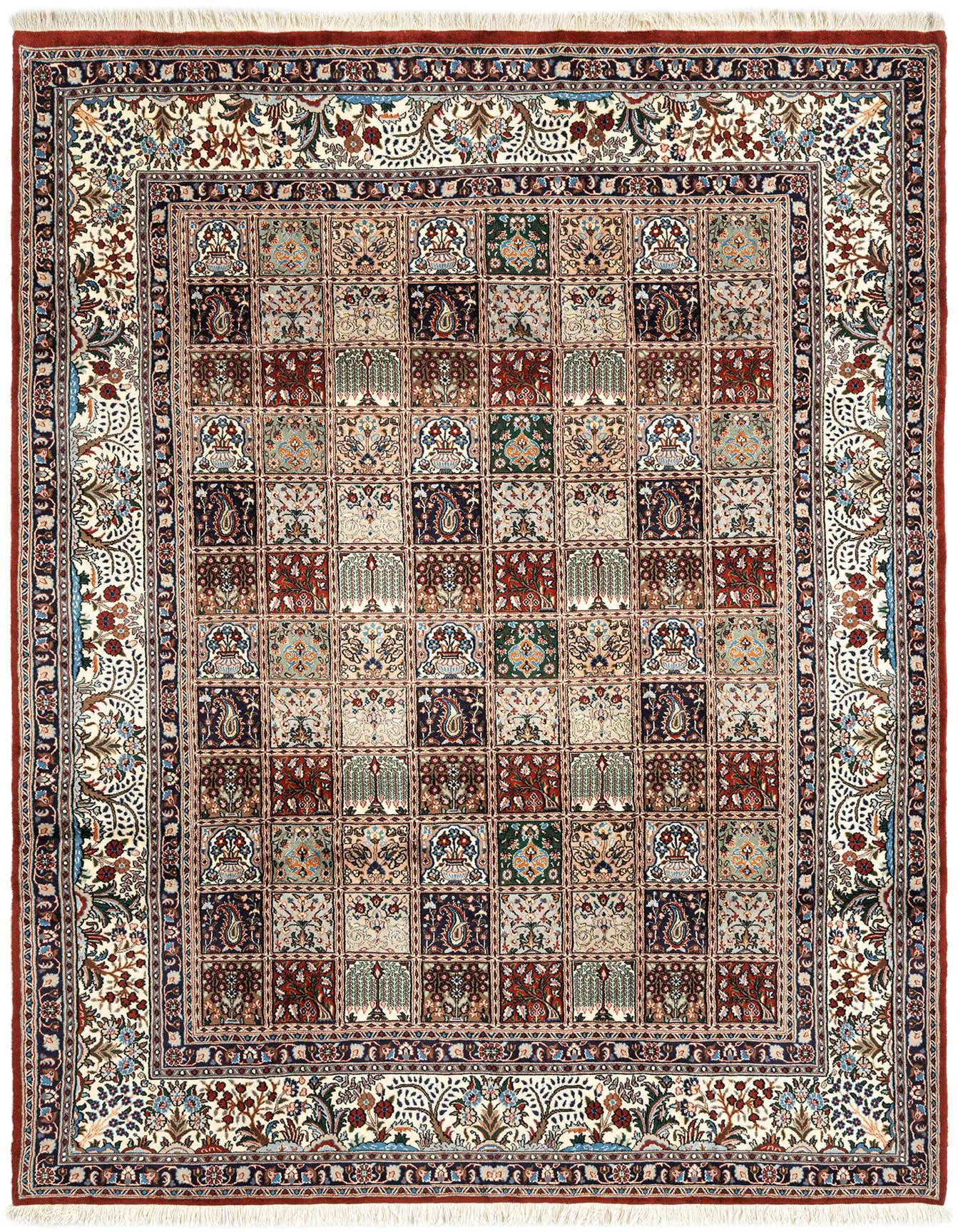 A 7x10 rectangular Mood collection Persian rug with a red border and a central field of multicolored squares featuring floral and paisley motifs.