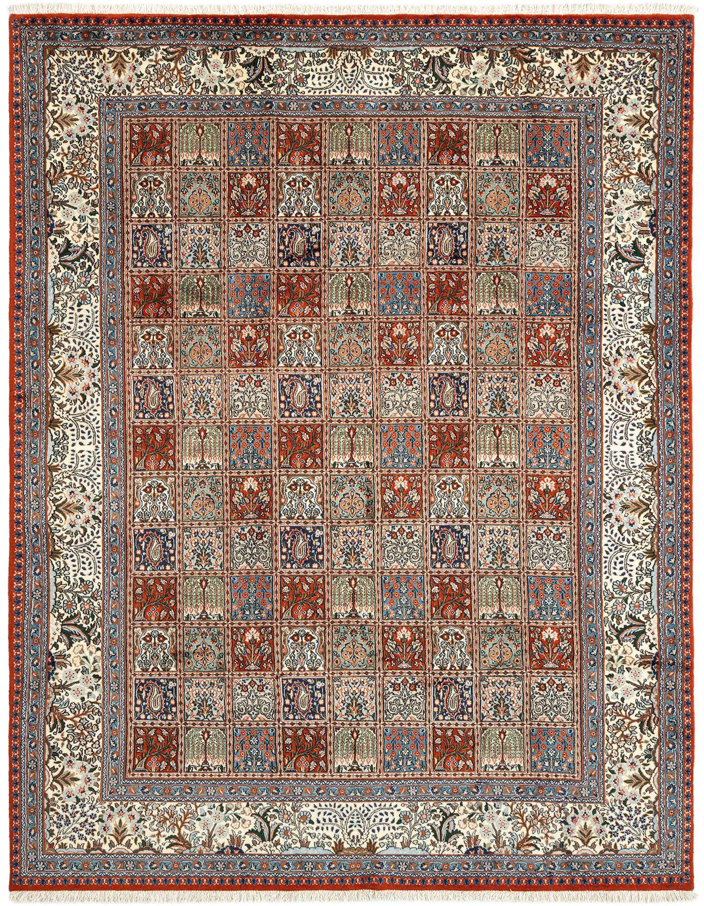 A 6x9 rectangular Persian rug featuring a grid of red, blue, and cream squares with intricate floral and paisley patterns, surrounded by a detailed border.