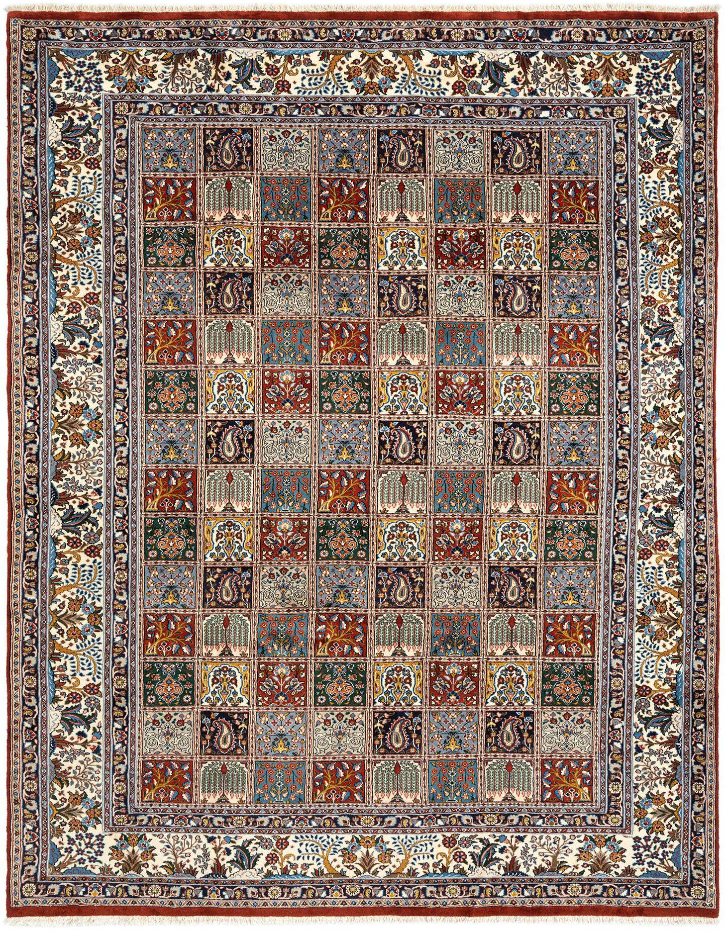 A 6x9 rectangular Persian rug featuring a grid of colorful squares with intricate floral and paisley motifs, framed by an ornate border on a cream background.