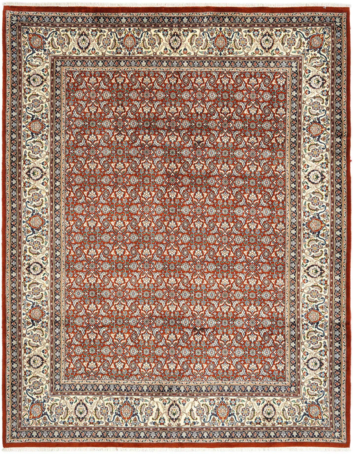 A 6x9 rectangular red Persian wool rug with intricate floral patterns and a cream border, ideal for a living room.