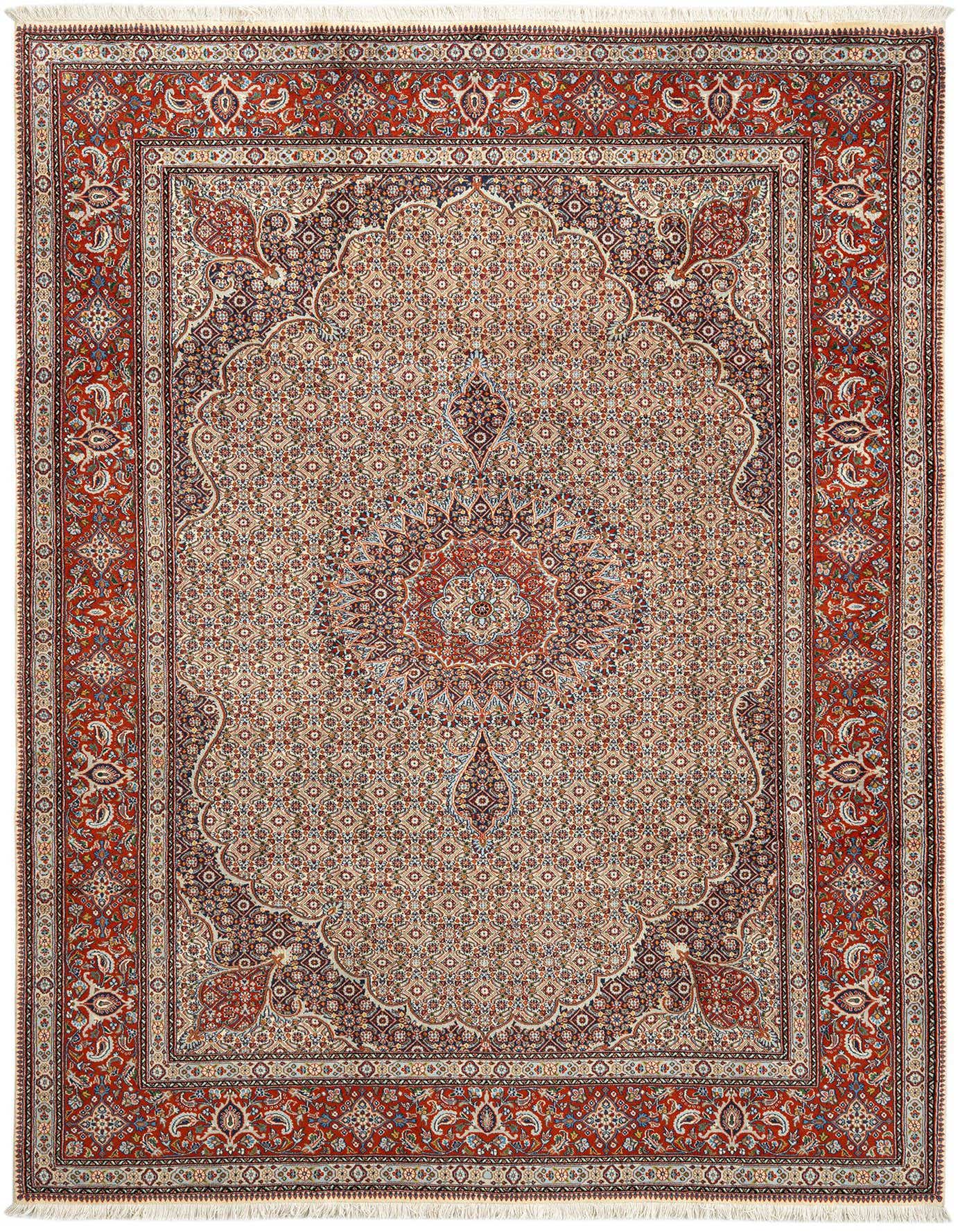 A 7x10 rectangular Mood Persian rug in red and cream, featuring an intricate floral medallion pattern.