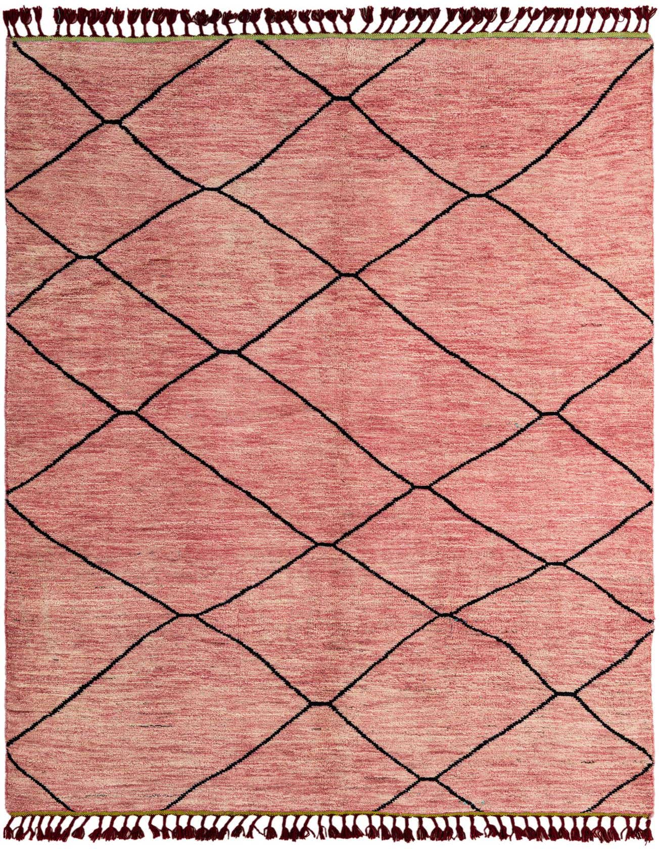 A 5x8 rectangular red wool rug with a black tribal diamond pattern and decorative fringe.