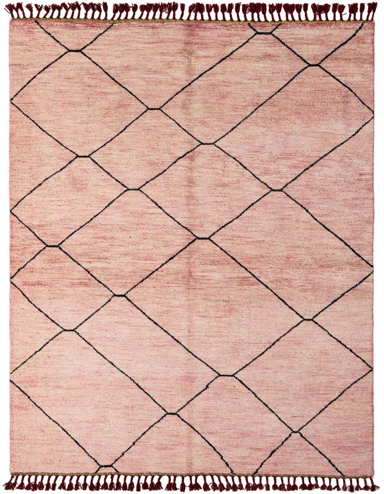 A 5x8 rectangular red wool rug with a modern tribal diamond pattern in black, featuring decorative red tassels.