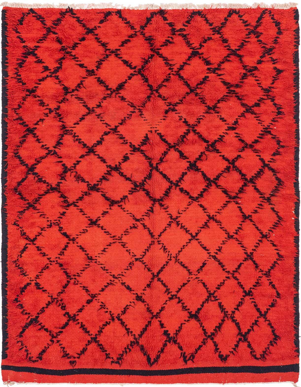A 6x9 rectangular red shag rug with a black tribal diamond pattern, ideal for a living room or bedroom.