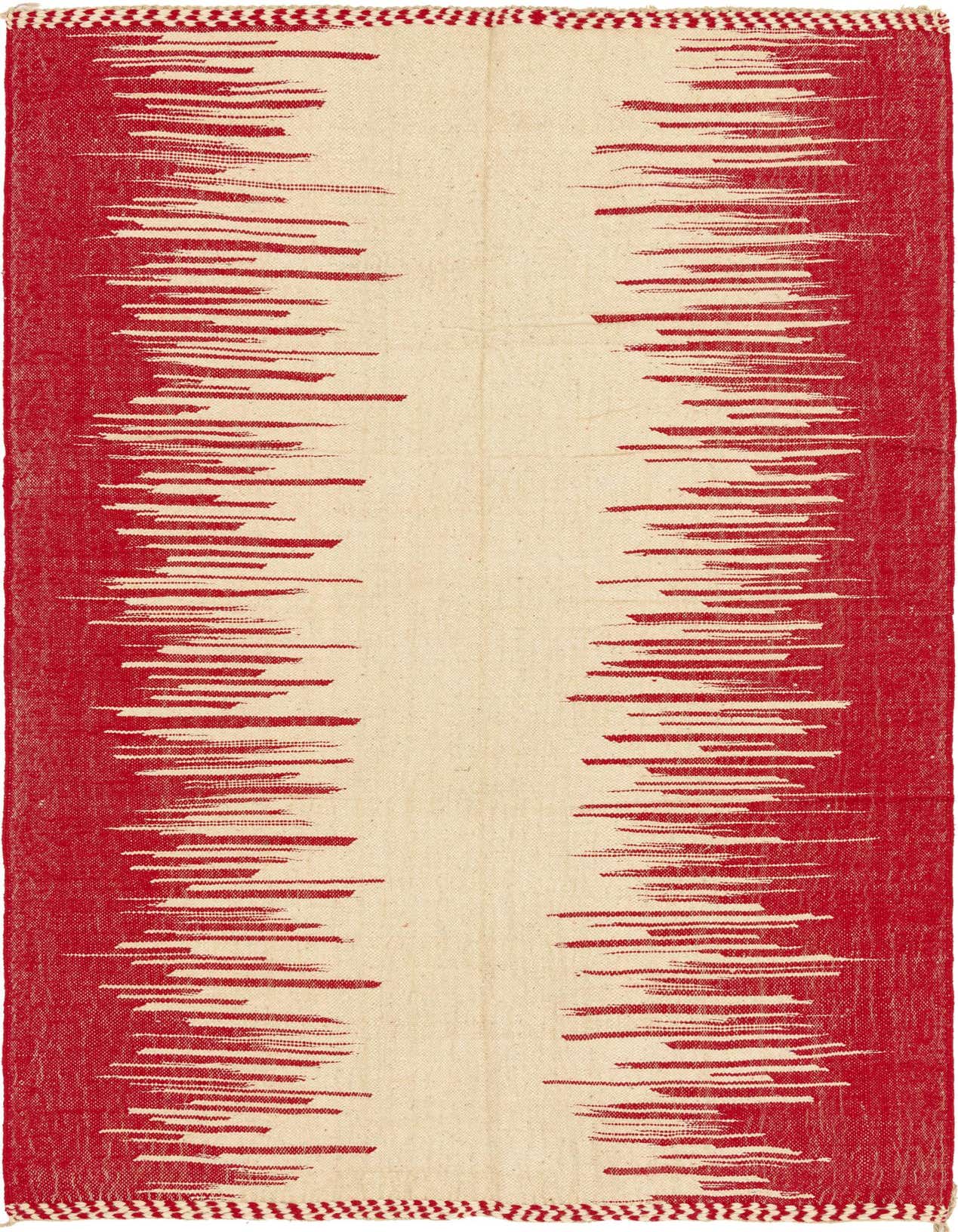 A 7x10 rectangular red and cream tribal shag rug with an abstract pattern, ideal for a living room.