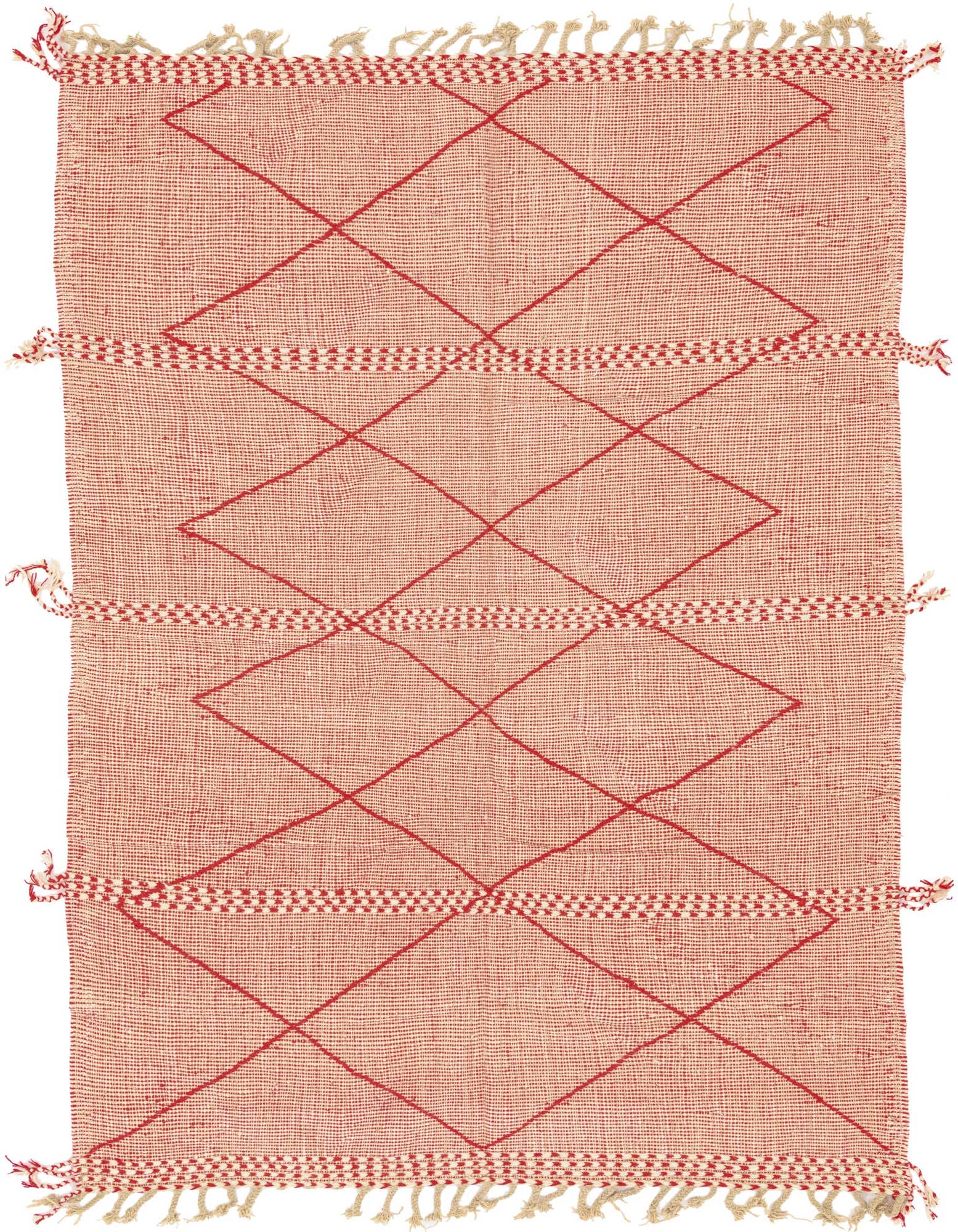A 6x9 rectangular red Moroccan shag rug with a tribal diamond pattern and striped accents, featuring fringe.