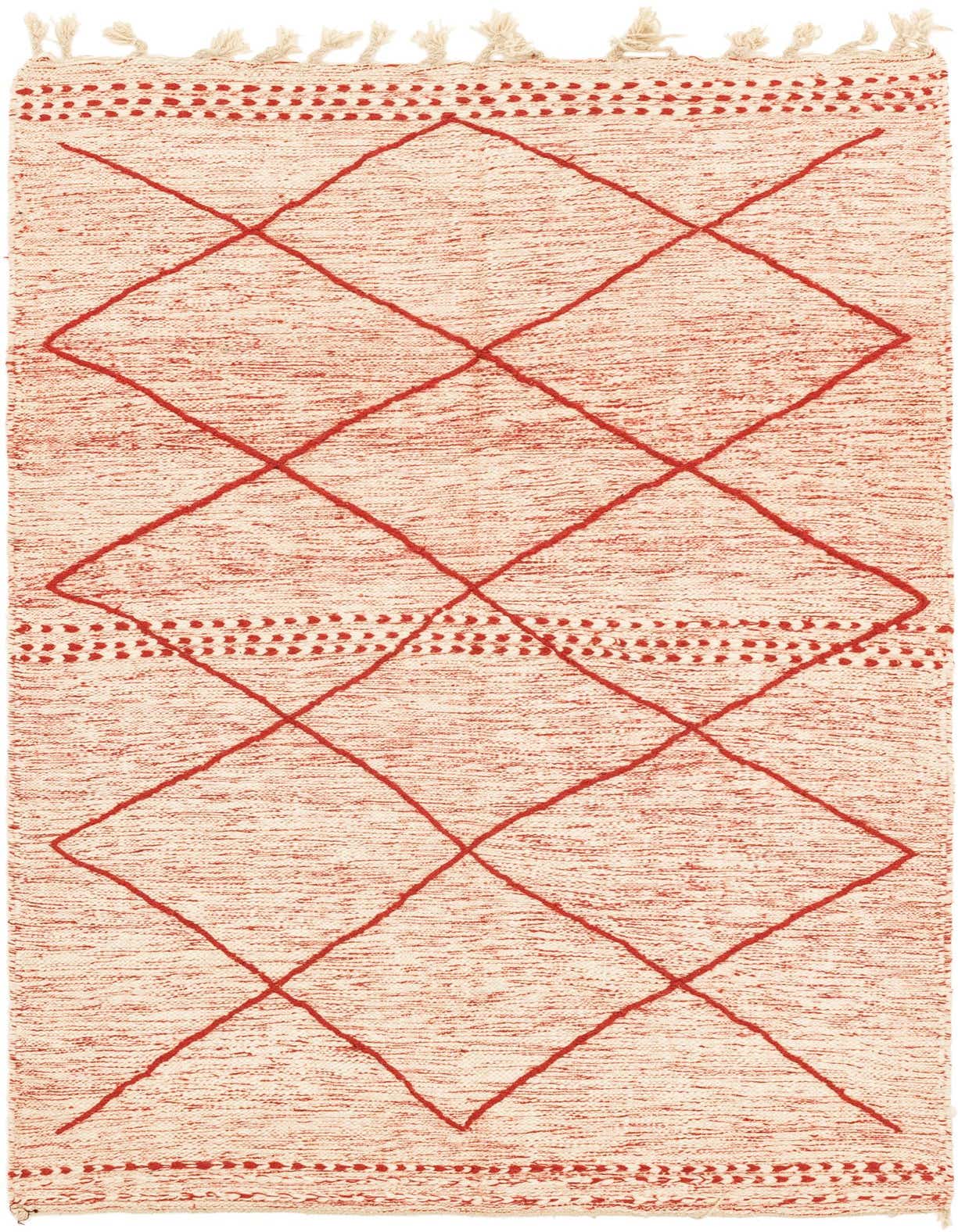 A 5x8 rectangular red and cream Moroccan shag rug with a tribal diamond pattern and dotted borders, featuring tassels.