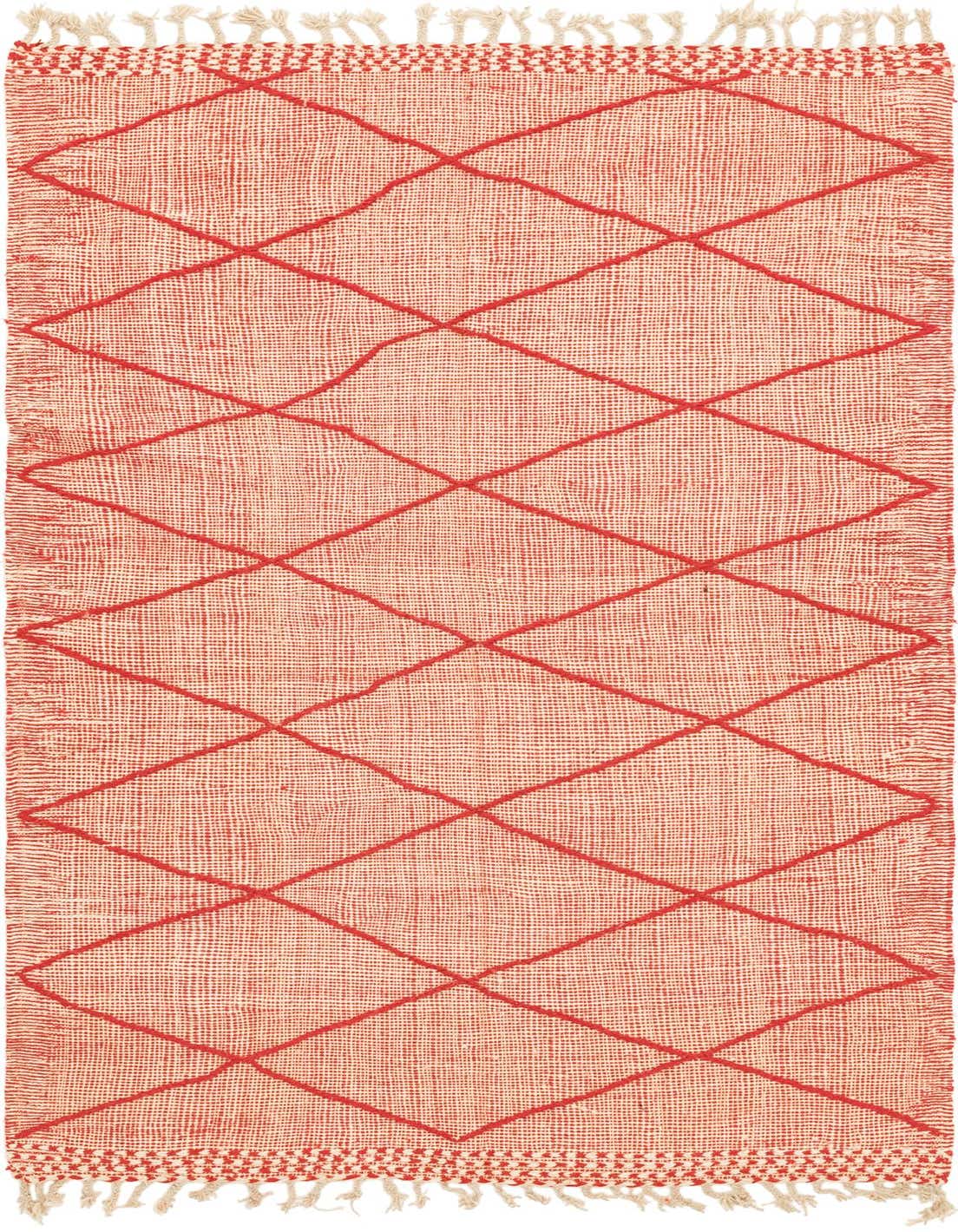 A 5x8 rectangular red Moroccan shag rug with a tribal diamond pattern and fringed ends, perfect for a living room.