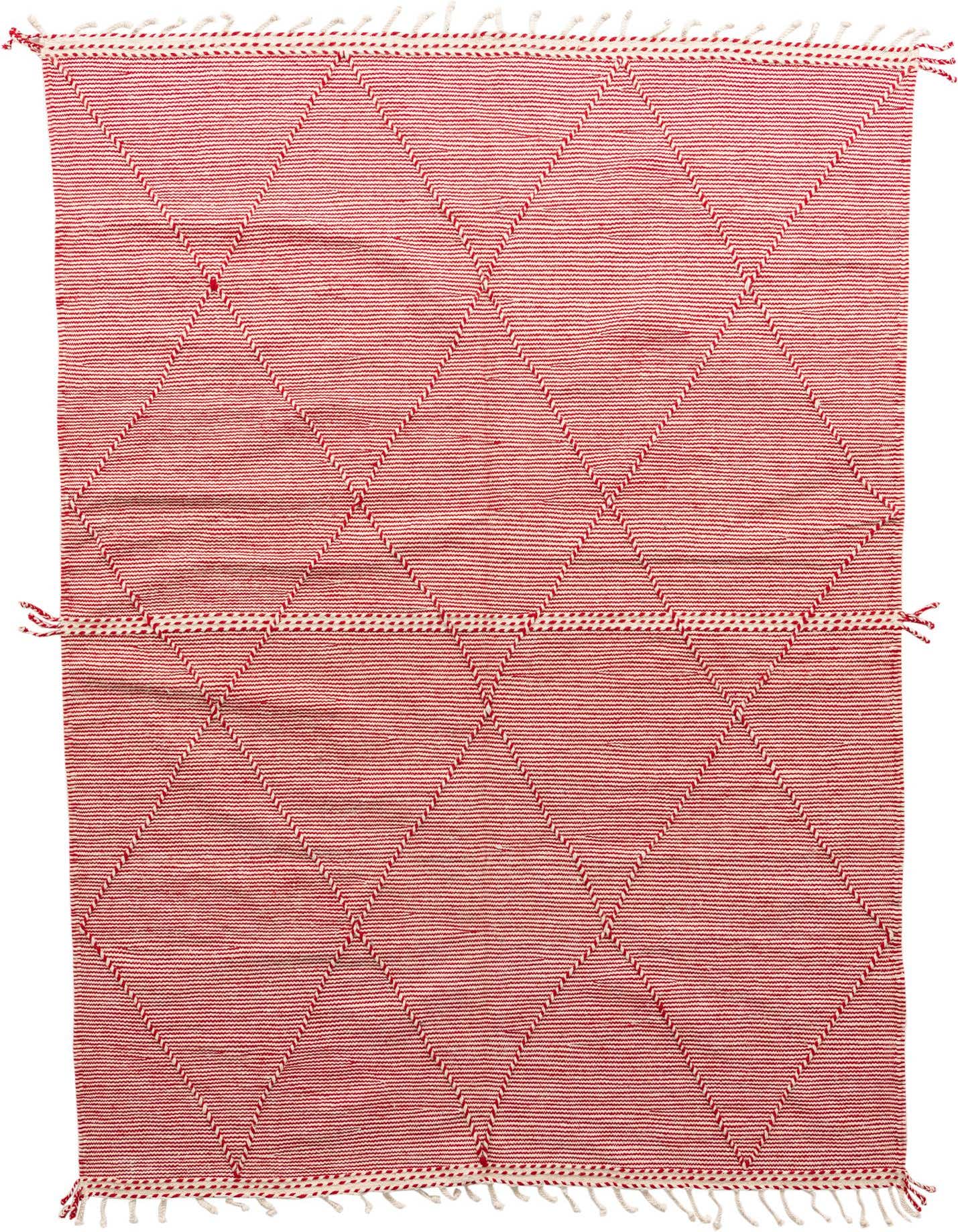 A 7x10 rectangular red wool shag rug with a modern tribal diamond pattern and white fringe.