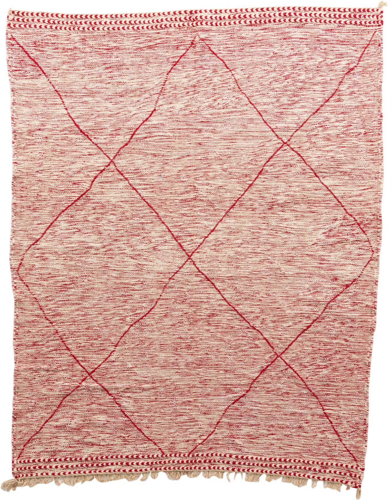 A 7x10 rectangular red and cream tribal shag rug with a modern diamond pattern and decorative borders.