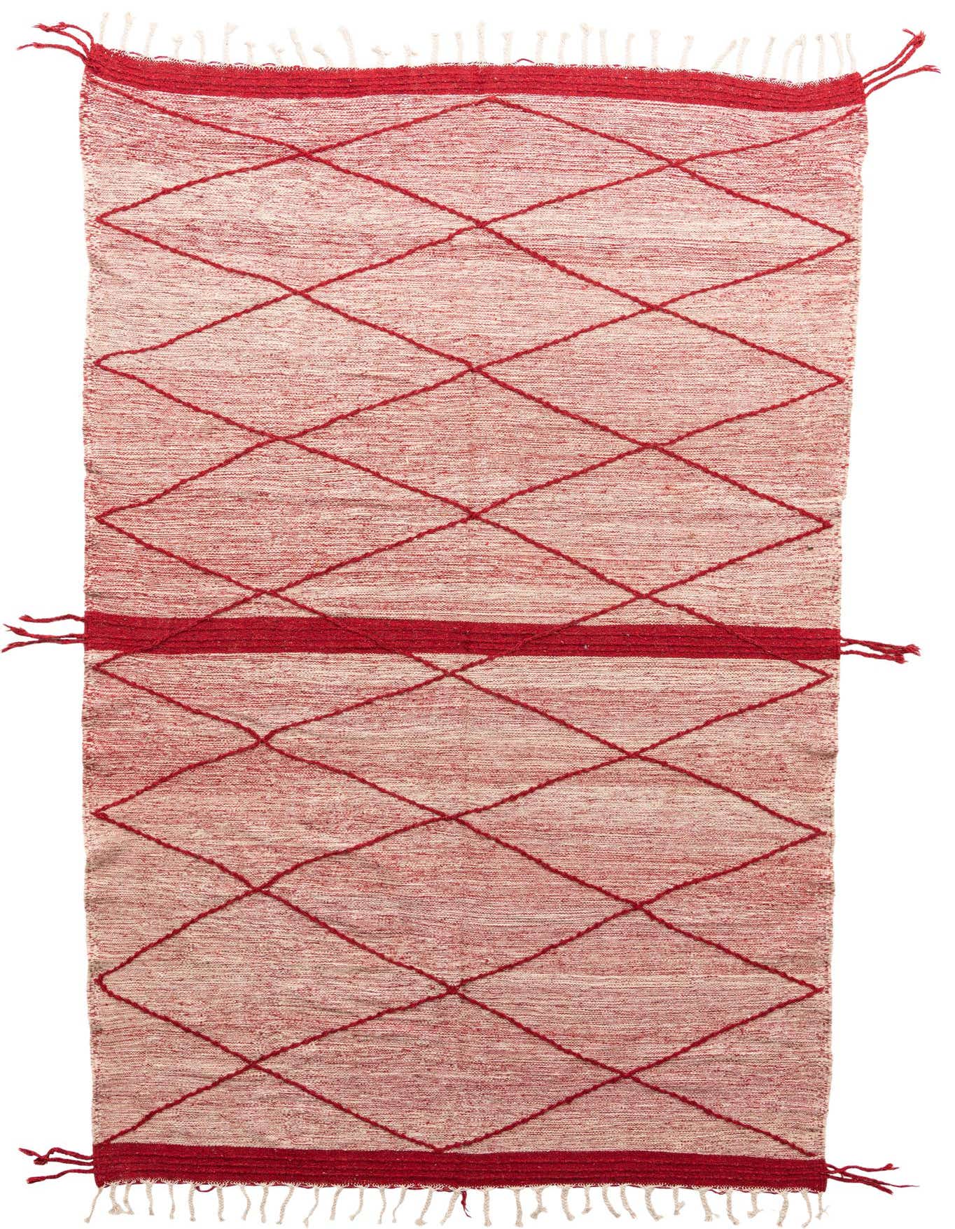 A 7x10 rectangular red wool shag rug with a tribal diamond pattern and fringe on a white background.
