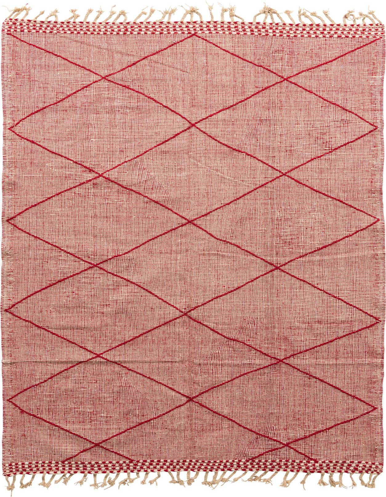A 6x9 rectangular red wool shag rug with a modern tribal diamond pattern and braided tassels.
