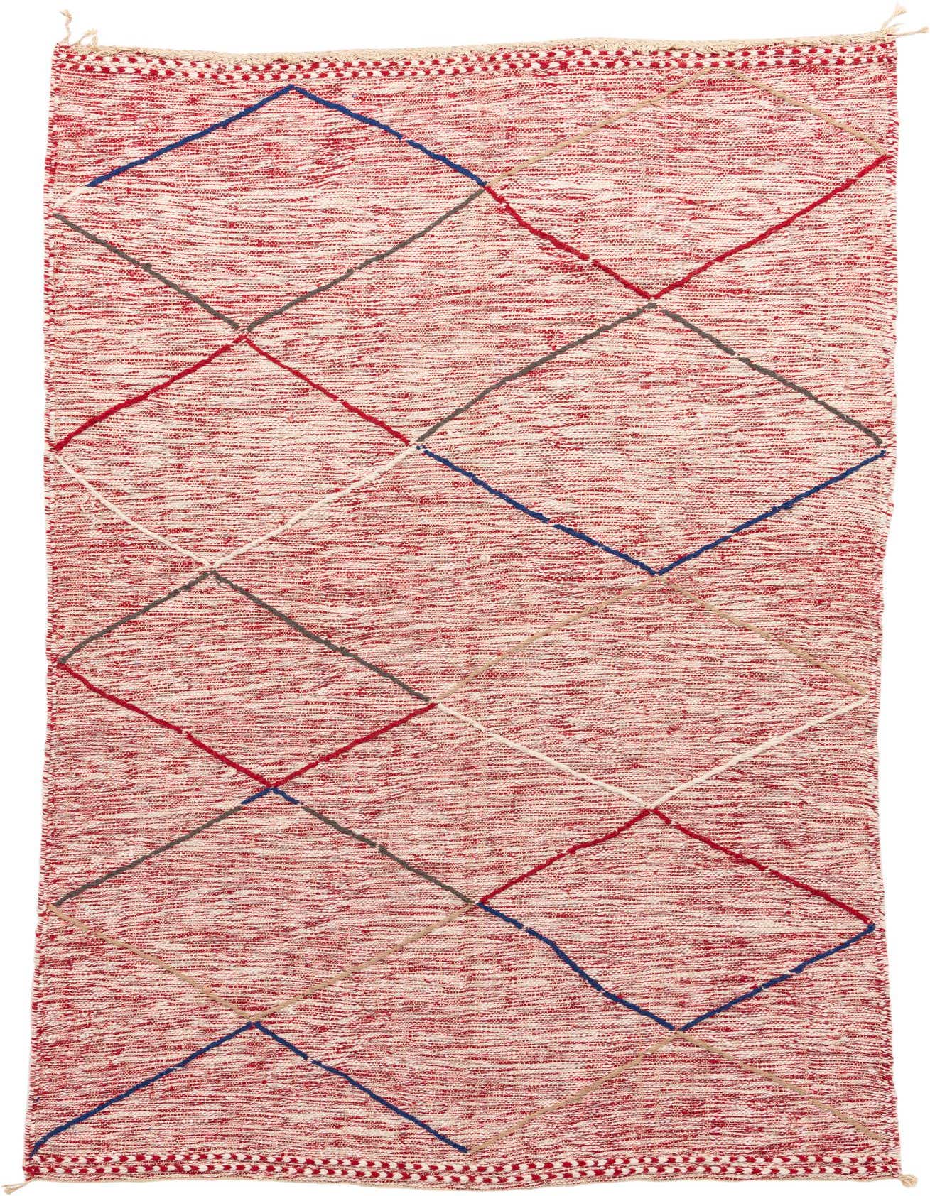 A 6x9 rectangular red shag rug with a modern tribal diamond pattern in blue, white, and tan.