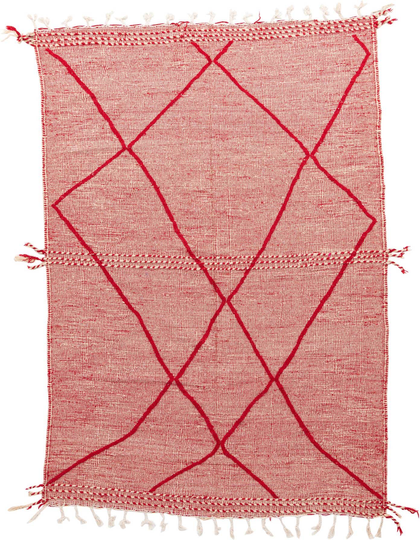 A 6x9 rectangular red wool shag rug with a modern tribal diamond pattern and decorative tassels.