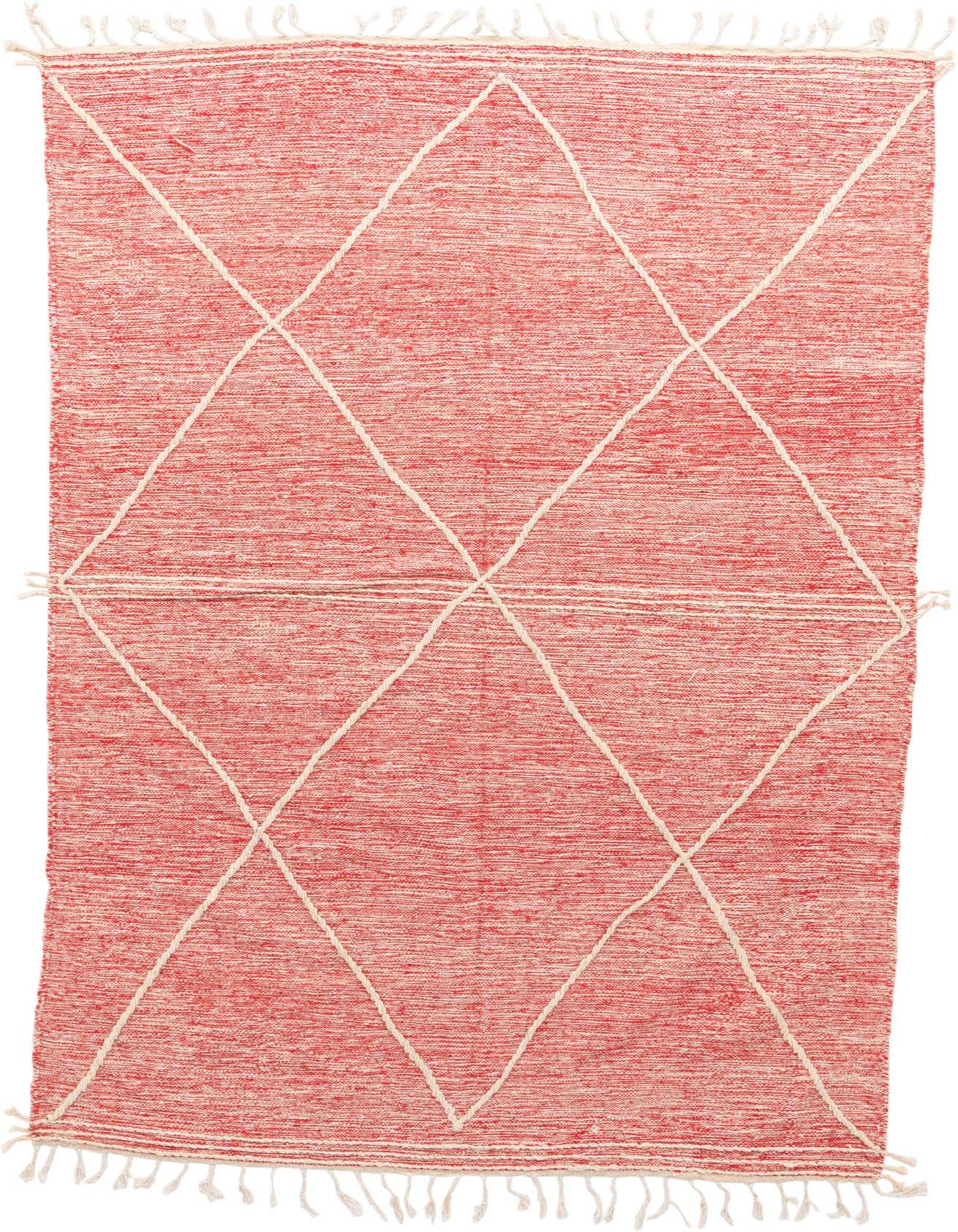 A 6x9 rectangular red wool shag rug with a cream diamond tribal pattern and fringe.