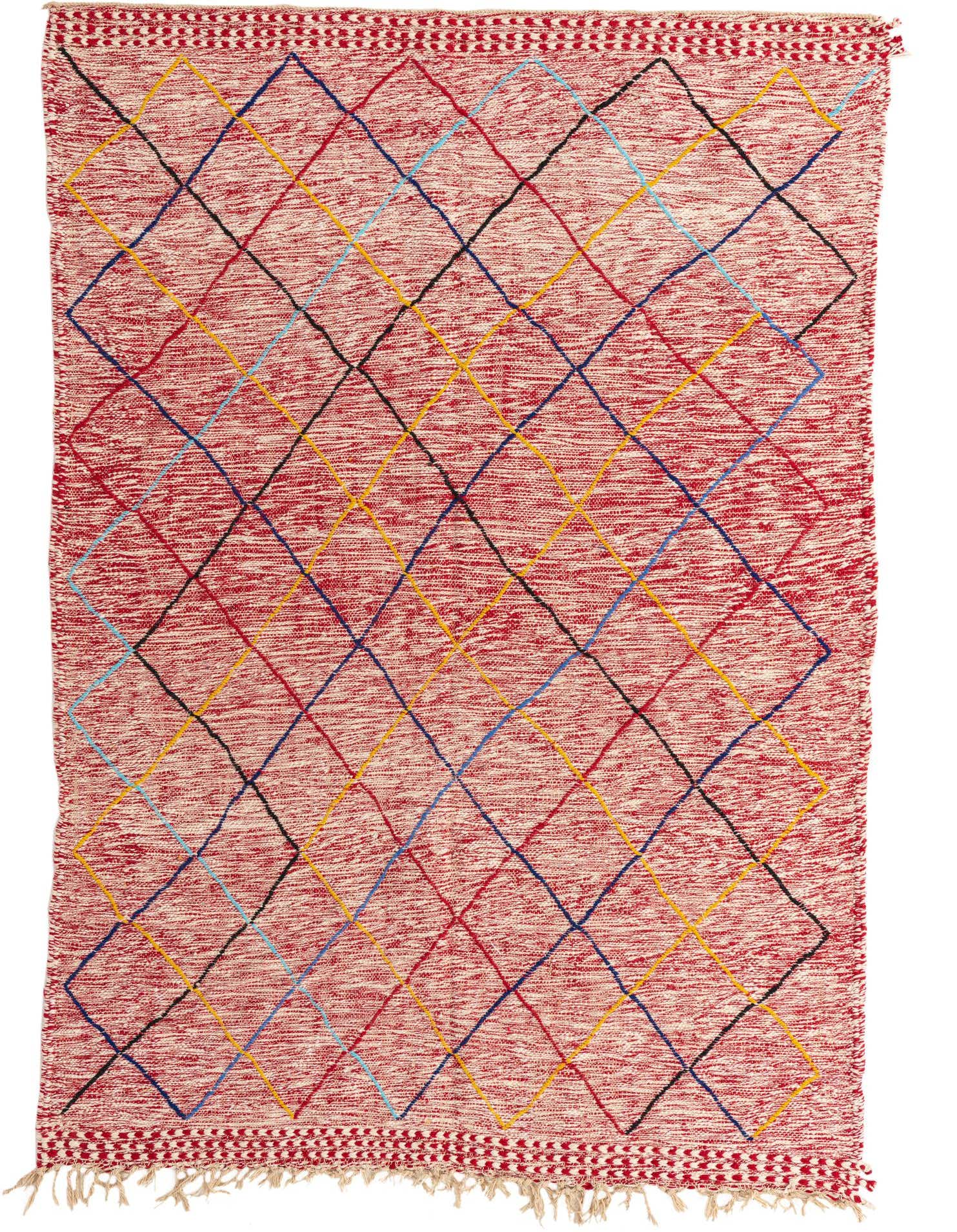 A 6x9 rectangular red shag rug with a modern tribal diamond pattern in blue, yellow, and black, suitable for a living room.