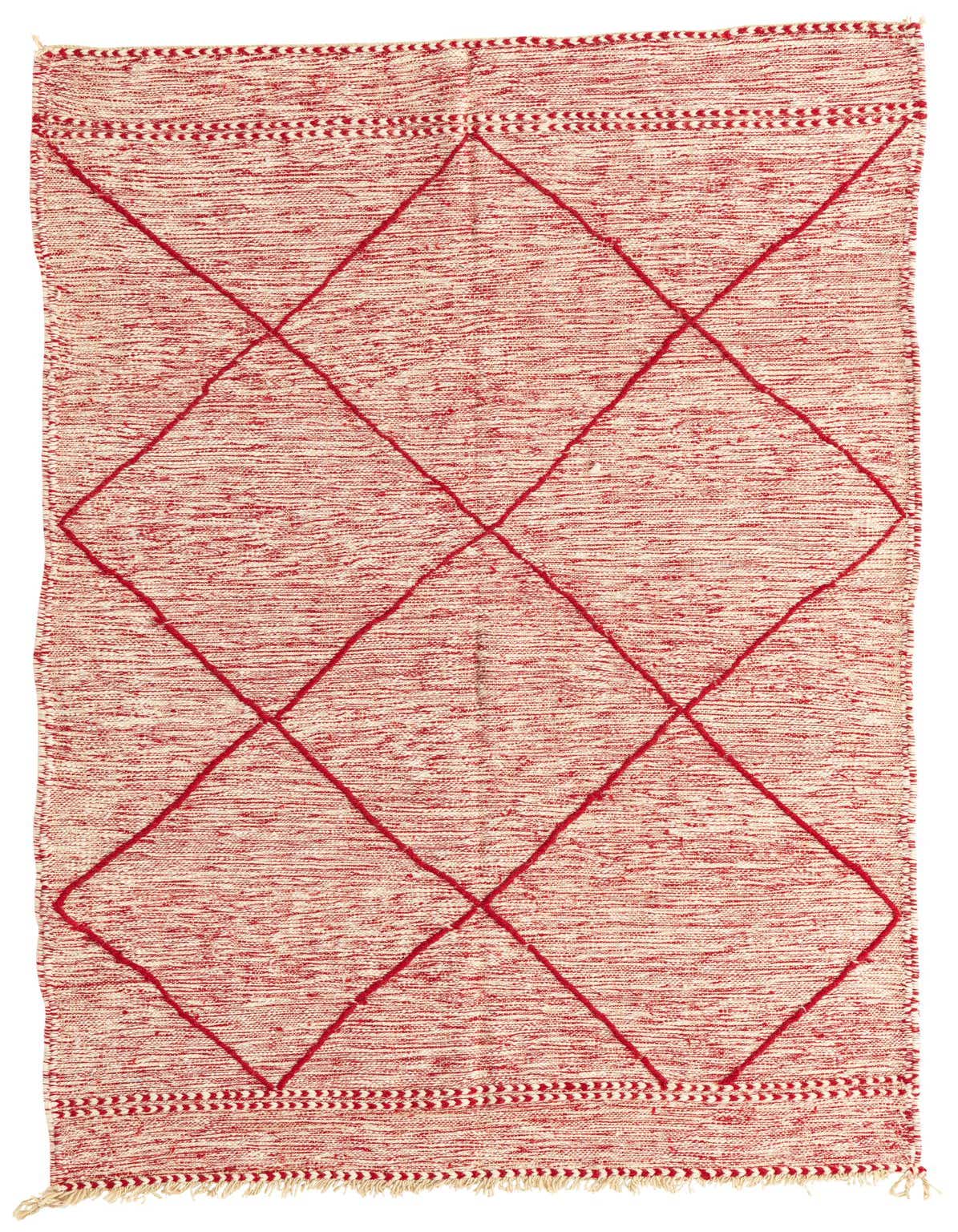 A 5x8 rectangular red and cream Moroccan shag rug with a bold diamond pattern and fringe.