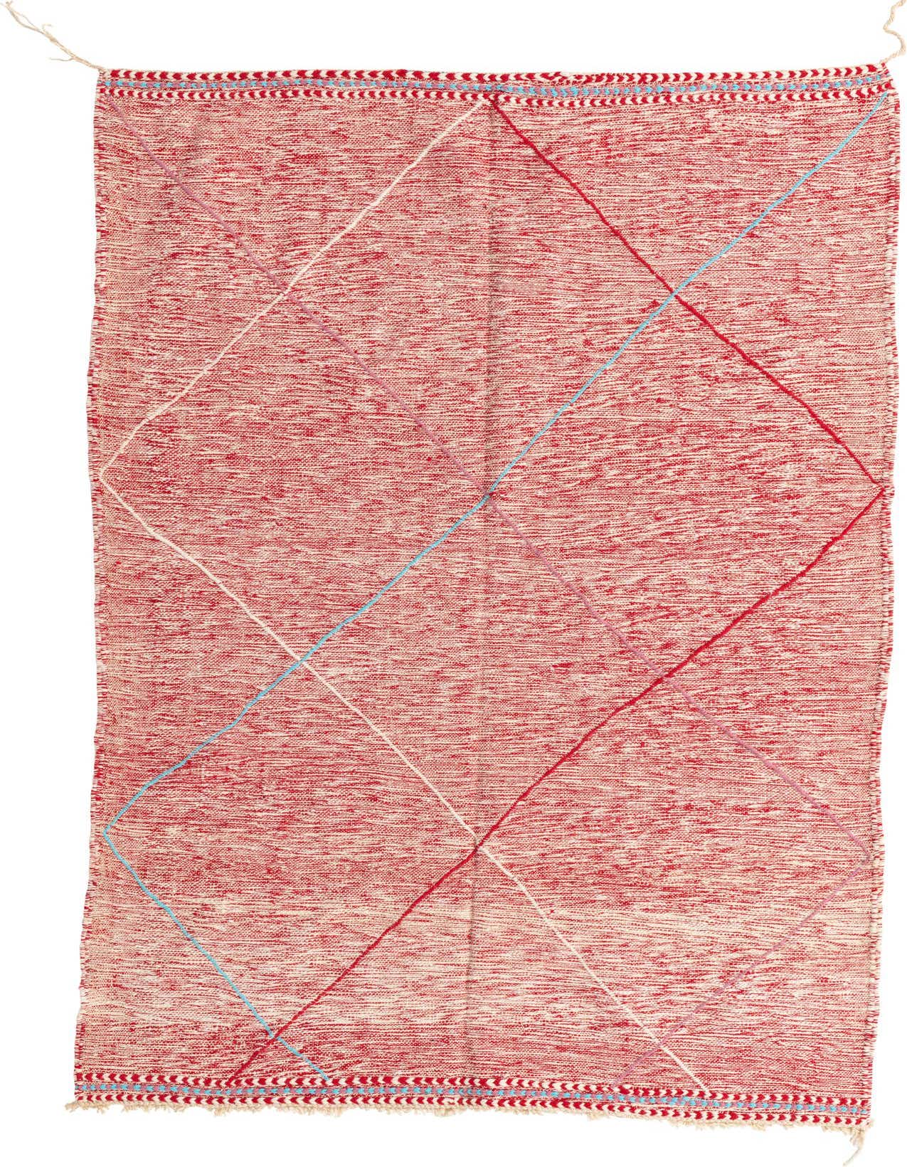 A 5x8 rectangular red Moroccan wool shag rug with thin diagonal lines in white, light blue, and pink.