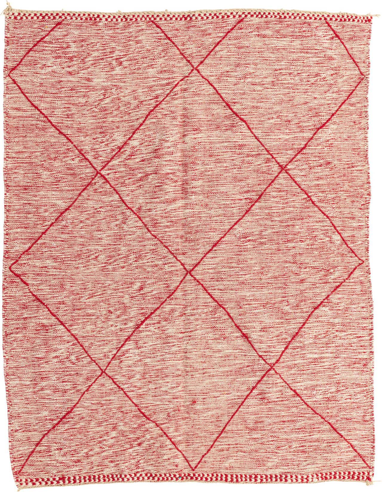 A 5x8 rectangular Rugs.com Moroccan shag rug with a red and cream tribal diamond pattern, ideal for a living room.