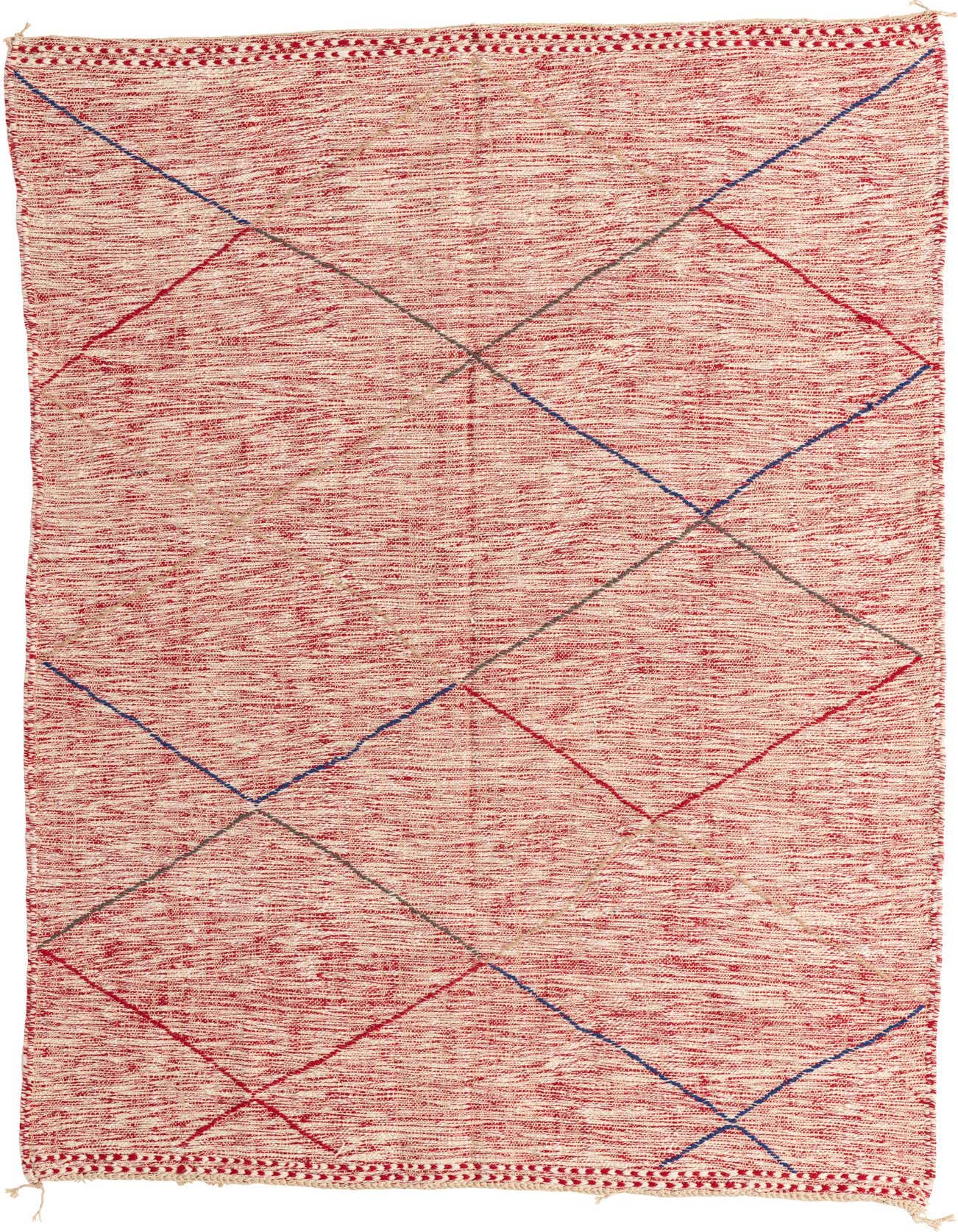 A 6x9 rectangular red shag wool rug with a modern tribal diamond pattern in blue, red, and beige.