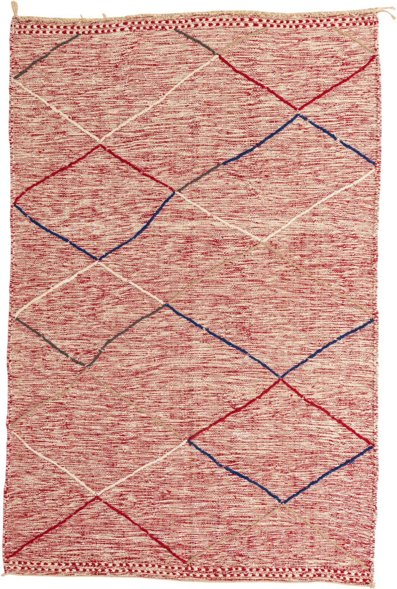 A 6x9 rectangular red shag rug with a modern tribal diamond pattern in blue, white, and tan.