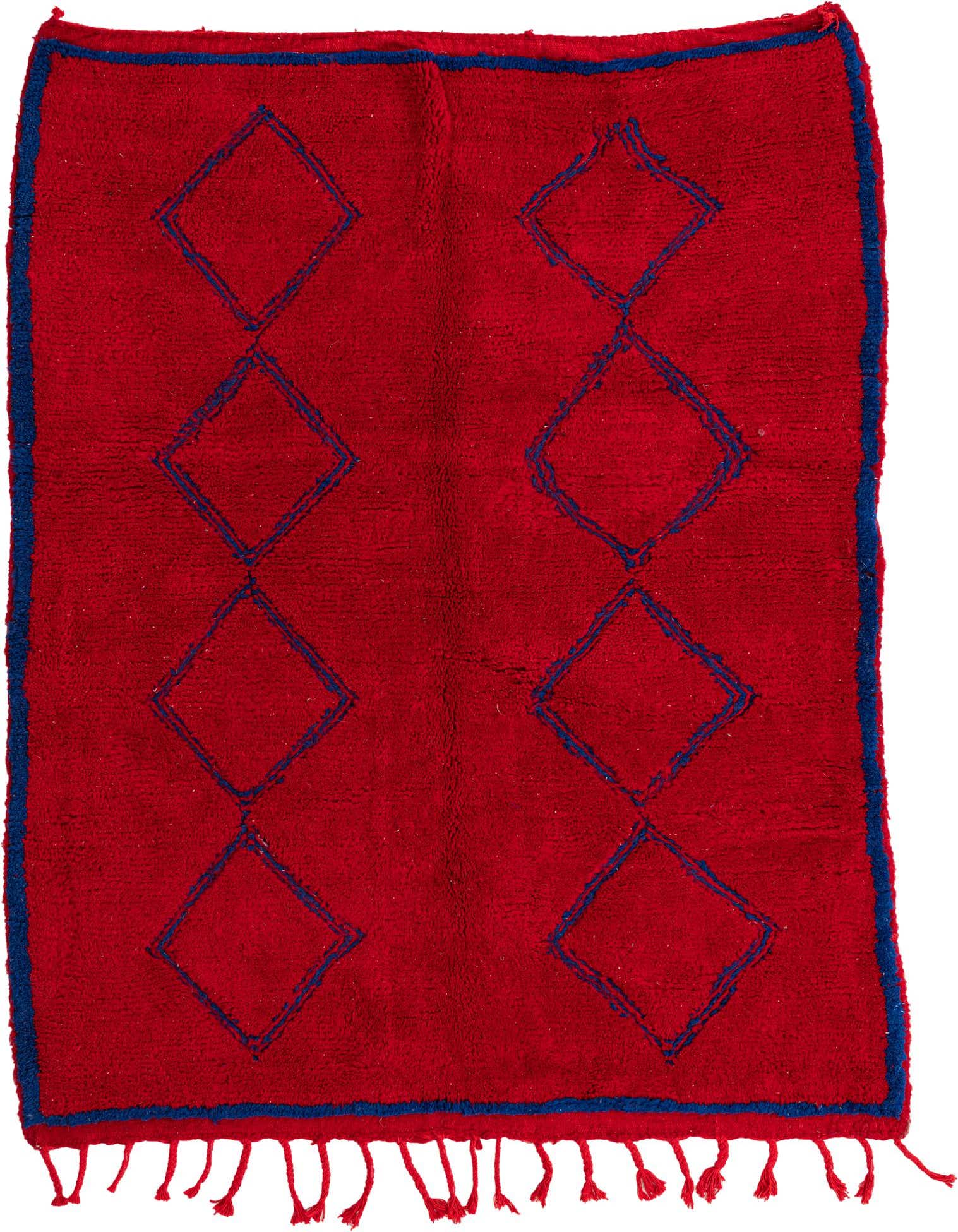 A 6x9 rectangular red shag rug with two vertical rows of blue diamond patterns and blue border trim.
