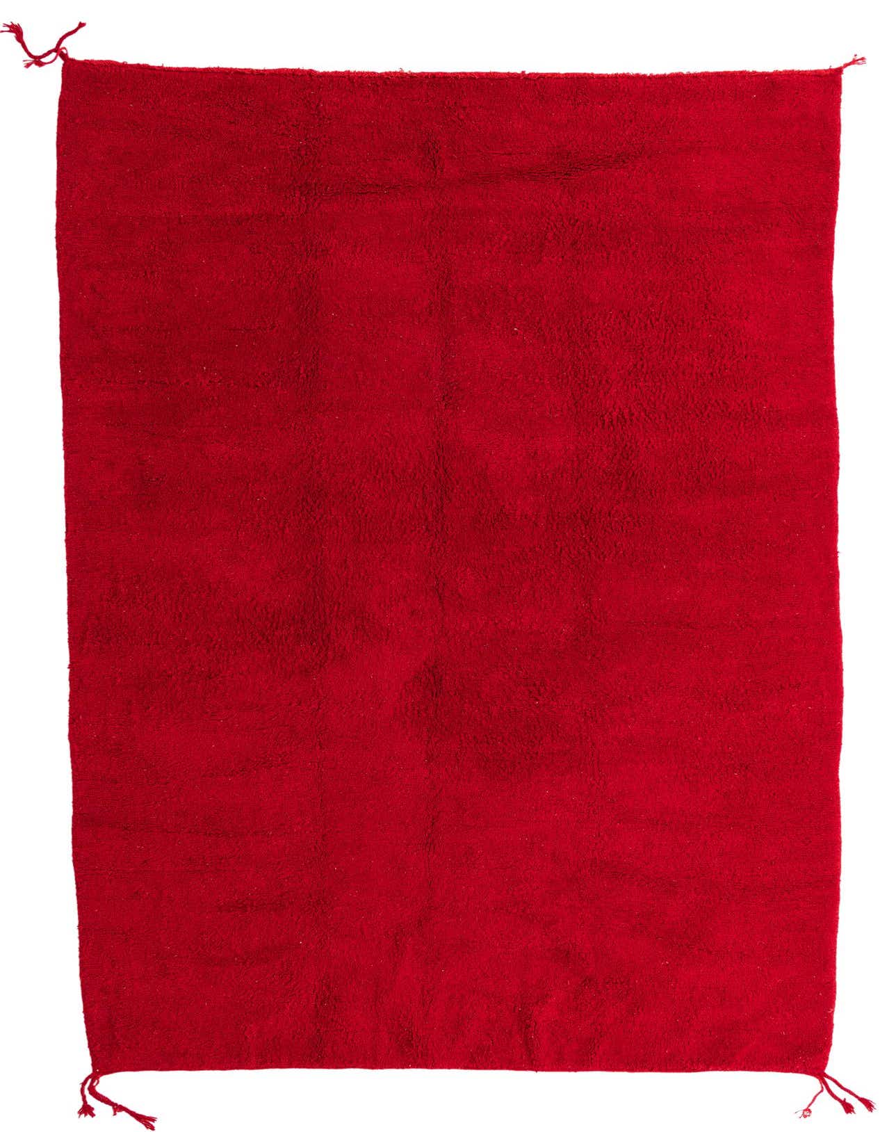 A vibrant 9x12 rectangular red shag rug with a tribal, modern, and oriental solid pattern, made of 100% wool.