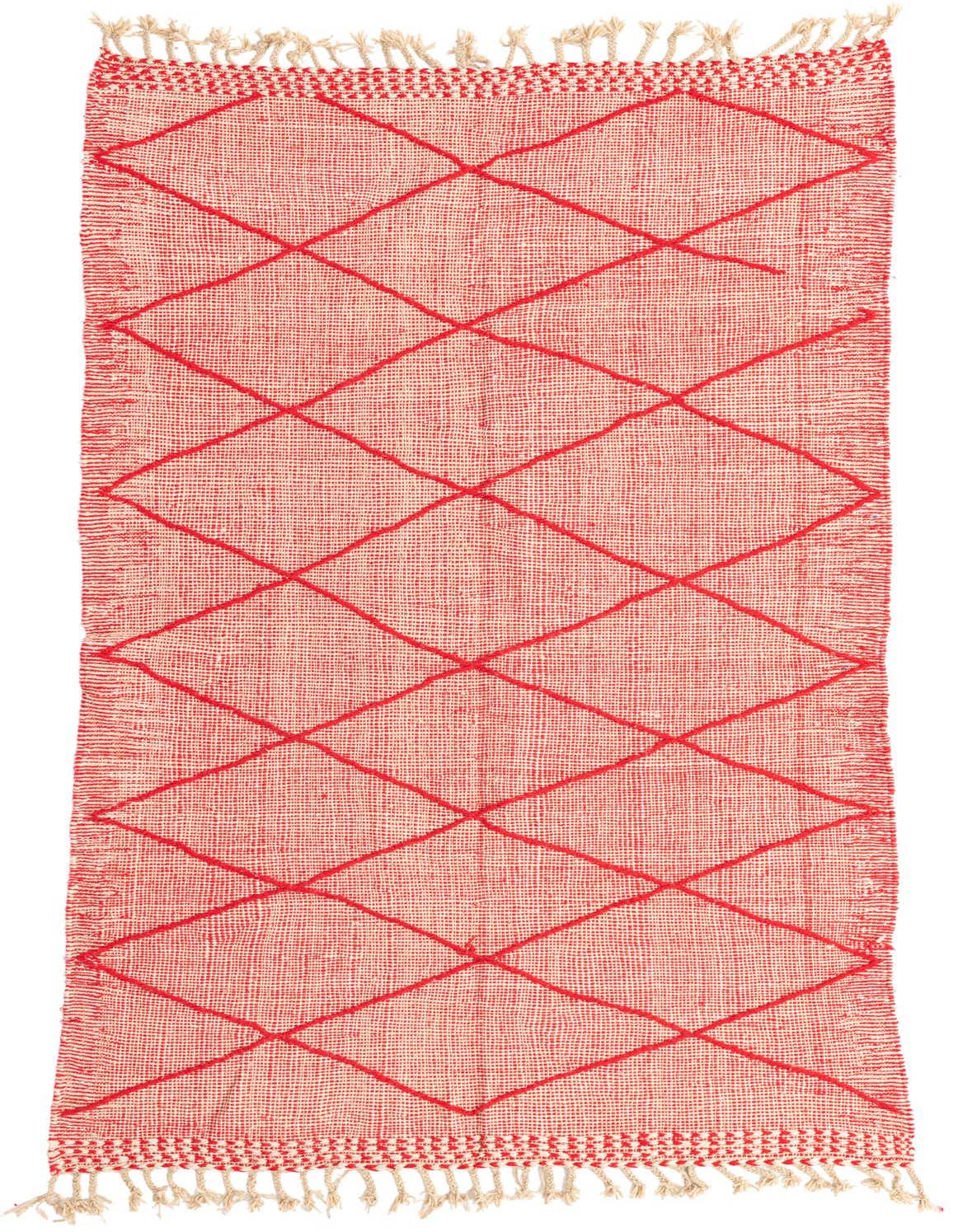 A 5x8 rectangular red and cream wool shag rug with a bold tribal diamond pattern and fringed ends.