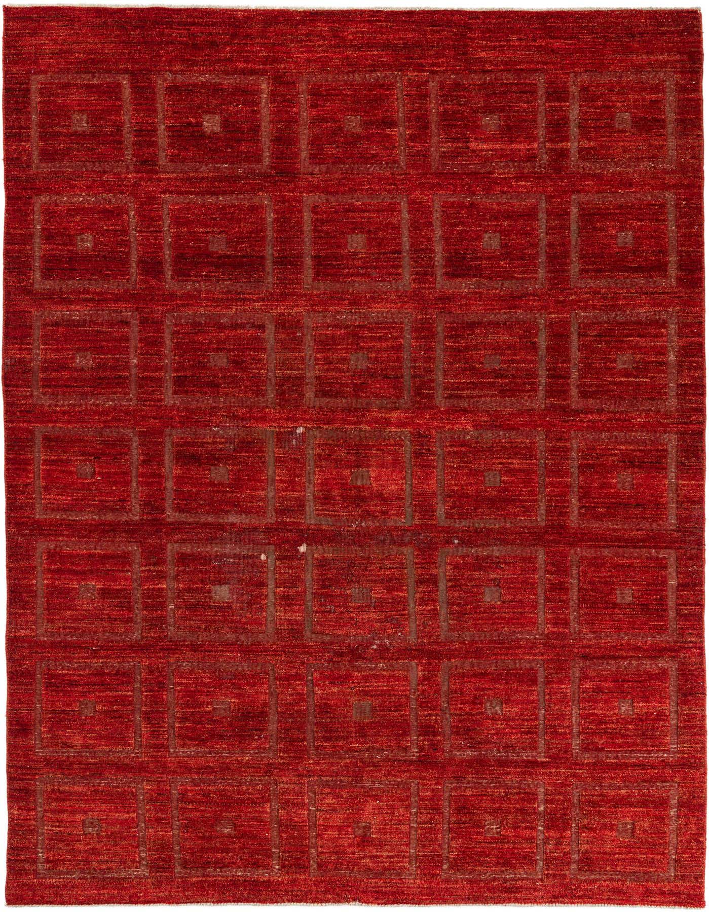A 7x10 rectangular red shag rug with a modern tribal pattern of repeating squares, suitable for a living room.