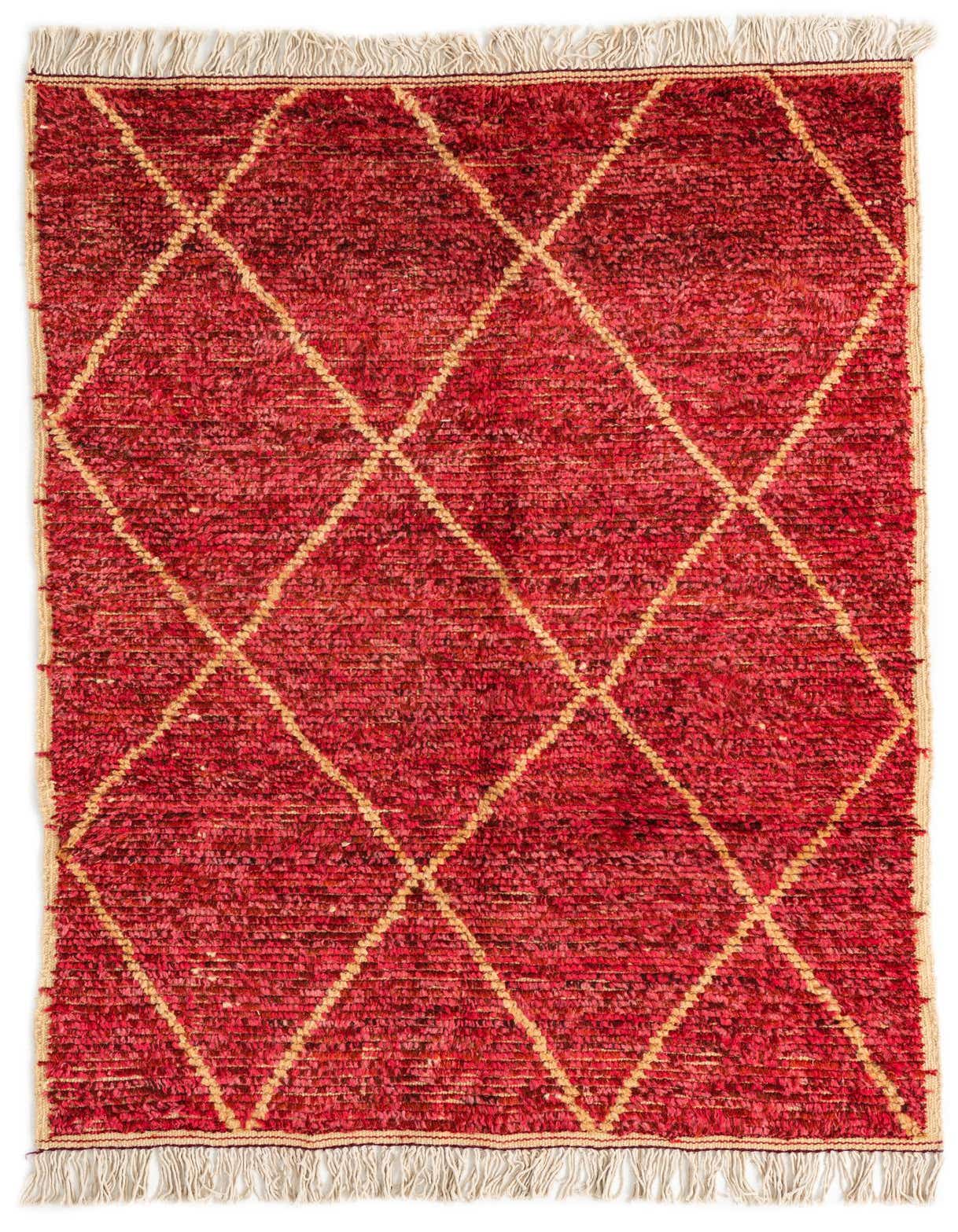 A 4x6 red rectangular shag rug with a cream diamond trellis pattern and fringed ends, suitable for a living room.