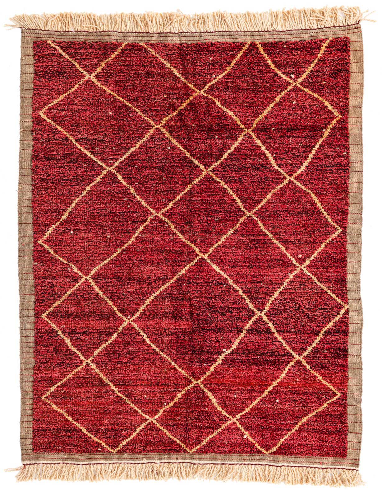 A 5x8 rectangular red shag rug with a cream diamond trellis pattern and fringed ends, suitable for a living room.