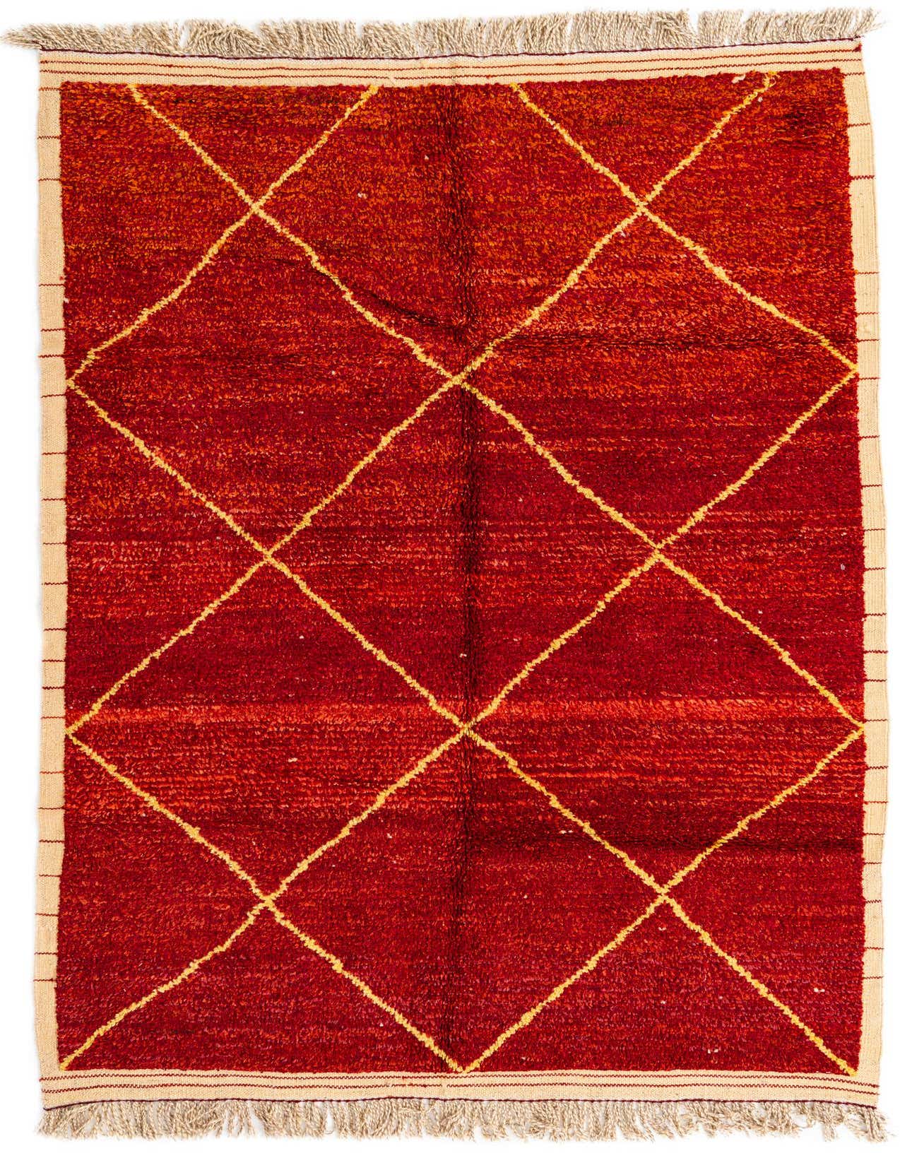 A 6x9 rectangular red shag rug with a cream diamond pattern and fringed ends, suitable for a living room.
