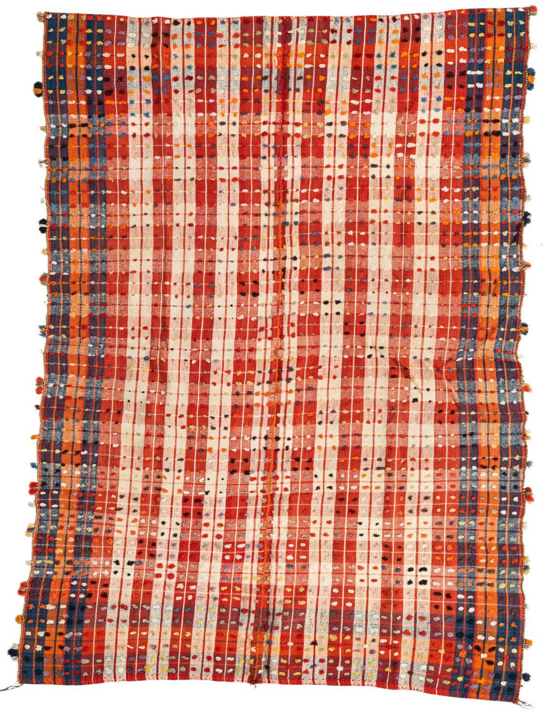 A 5x8 rectangular red tribal shag rug with white stripes and colorful polka dots, featuring blue and orange borders with tassels.