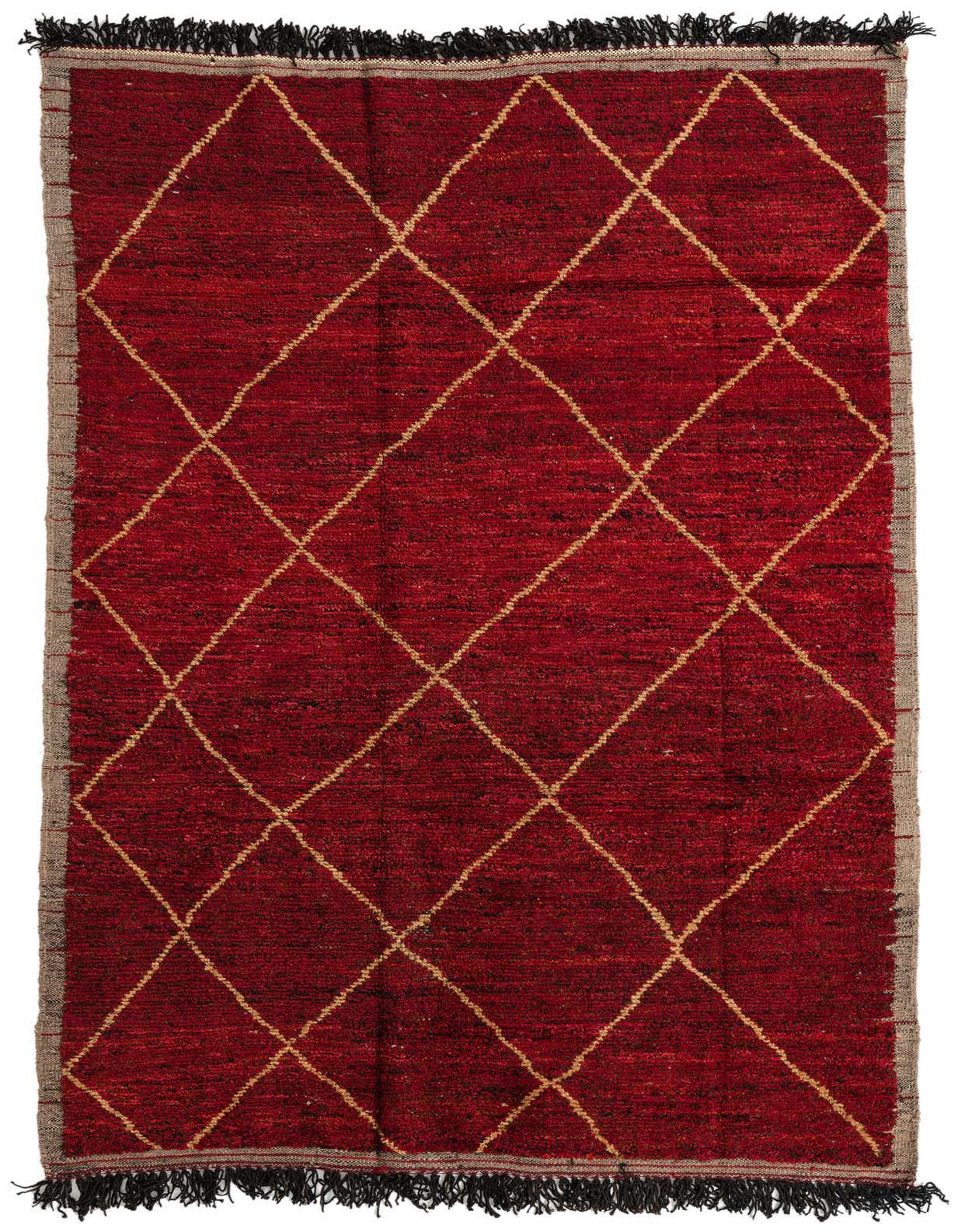 A 6x9 rectangular red Moroccan shag rug with a diamond pattern in tan, featuring black fringes.