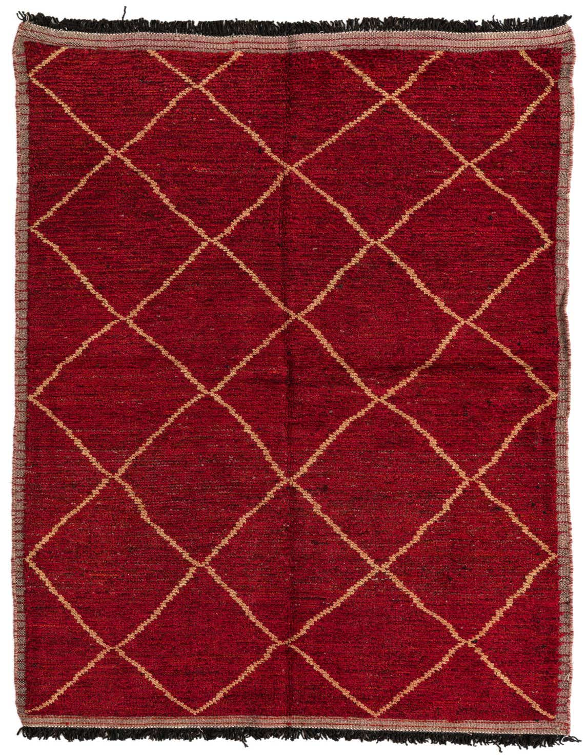 A 5x8 rectangular red wool shag rug with a repeating light brown tribal diamond pattern, ideal for a living room.